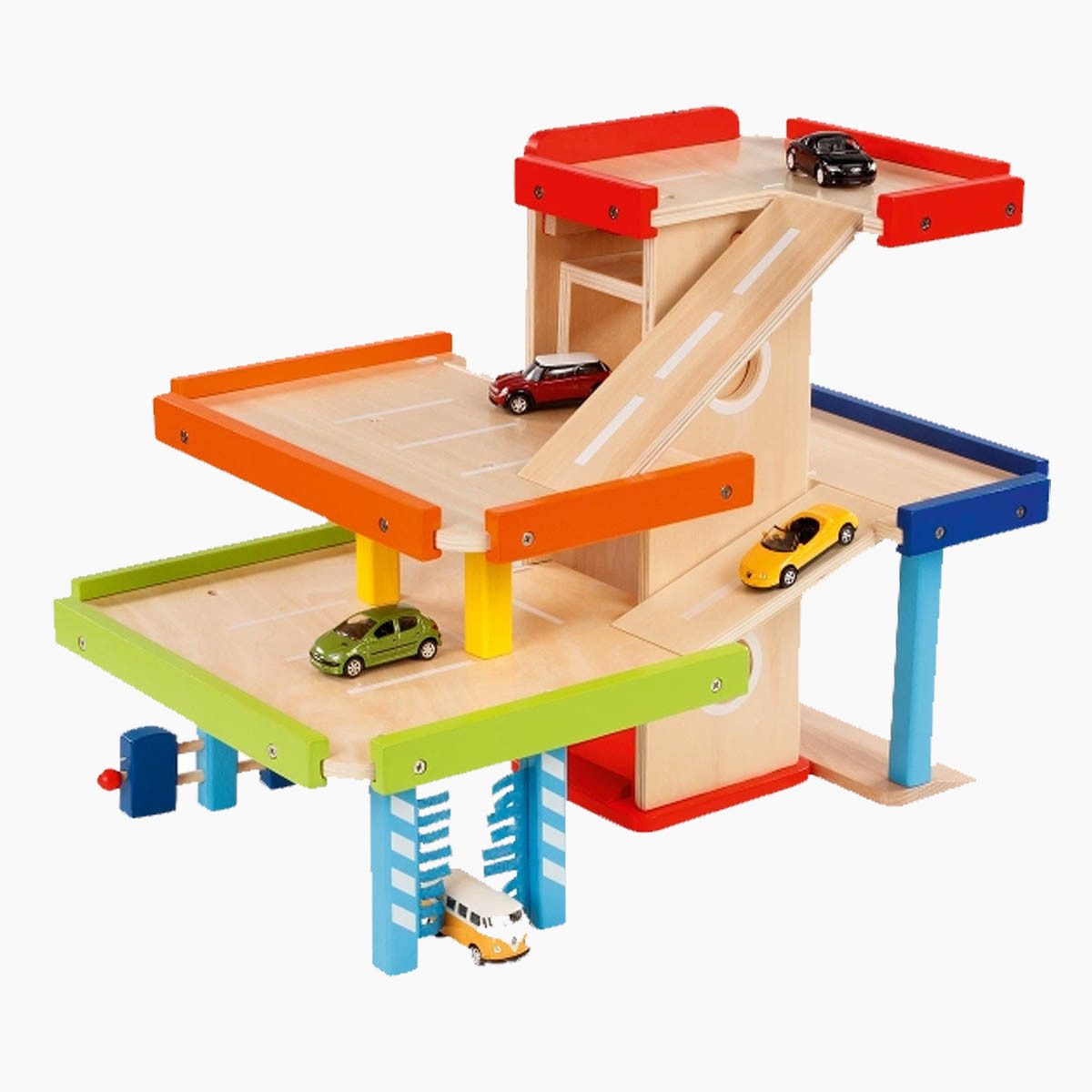 goki Spielfahrzeug-Erweiterung Parkhaus aus Holz, mit einen Fahrstuhl mit Handkurbel
