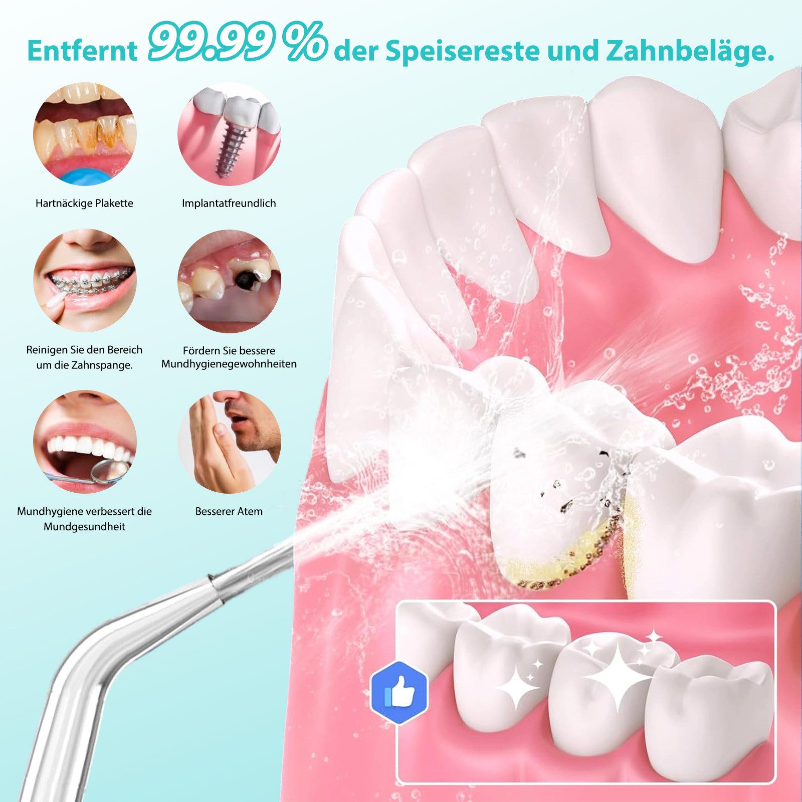 AKKEE Munddusche Kabellos Tragbar Elektrische Zahndusche mit 5 Wasserdruckeinstellungen, 500ml Wassertank, Anpassbare Wasserstrahlen