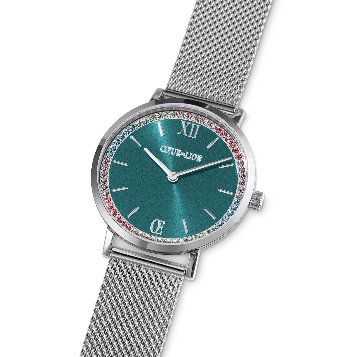 COEUR DE LION Quarzuhr Uhr Rund Sparkling Sunray Transformative Teal Milanaise silber 7650/70-1706, Armbanduhr, Damenuhr, Edelstahlarmband, analog, Swarovski®-Kristall
