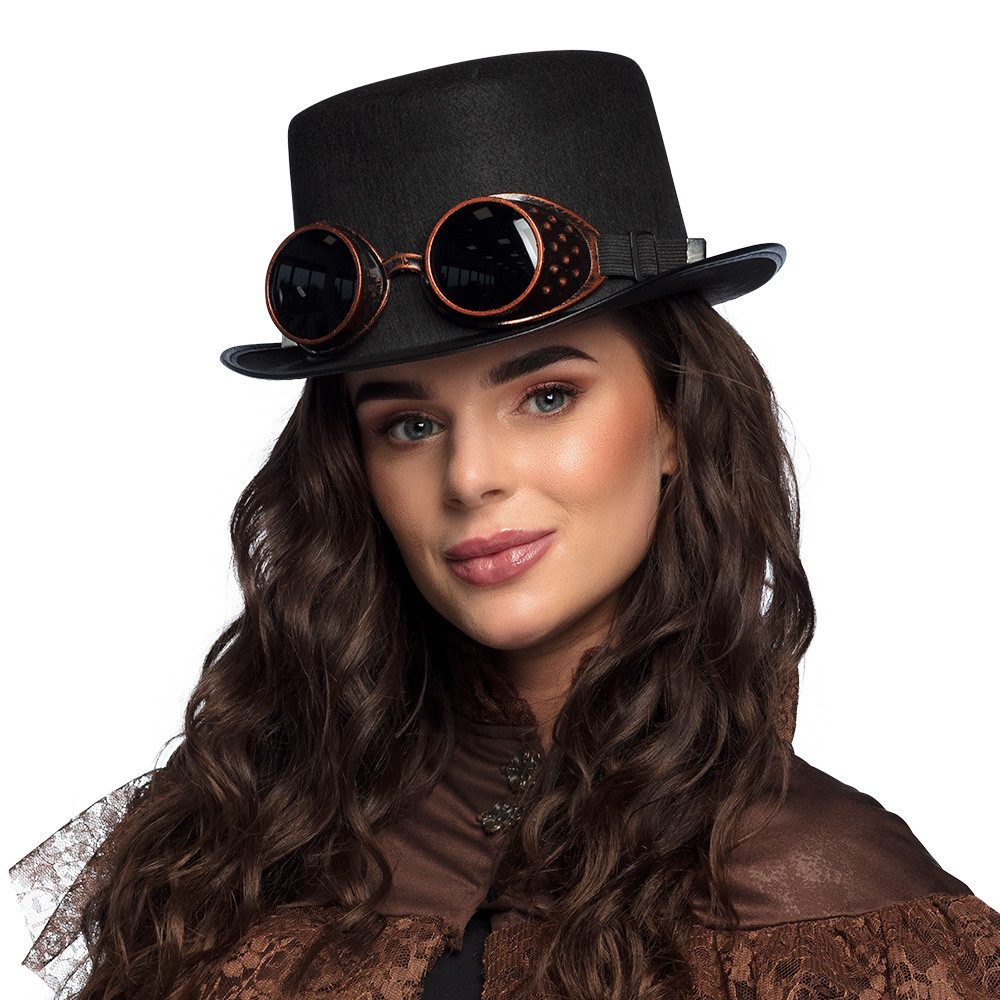 Boland Kostüm Hut Steampunk schwarz mit Goggles Zylinder Partybrille für Костюми, Zylinder-Design im Retro-Futurismus Look
