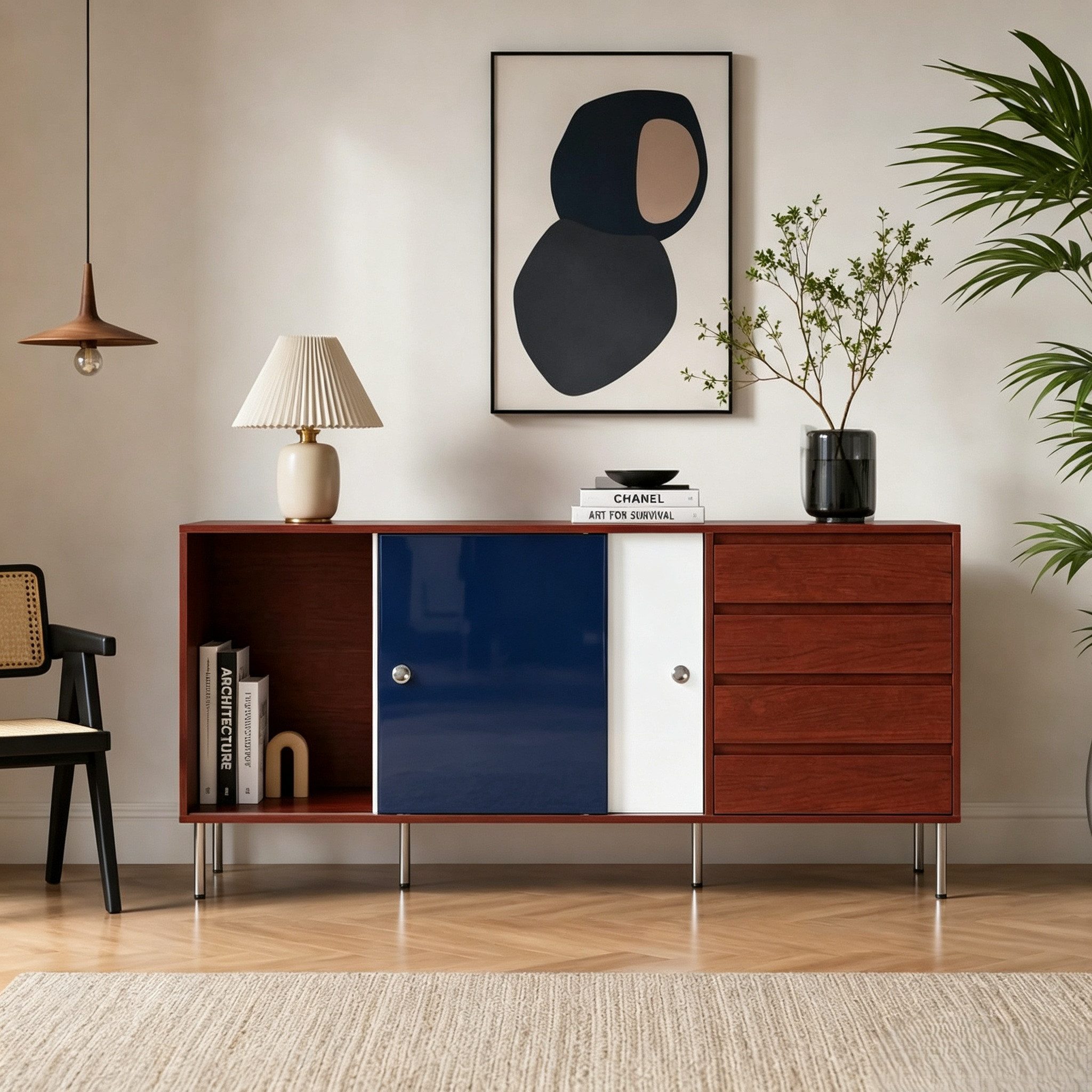 FUFU&GAGA Sideboard 140-160cm mit Schiebetüren, Mid-Century Kommode Walnuss/Blau/Weiß