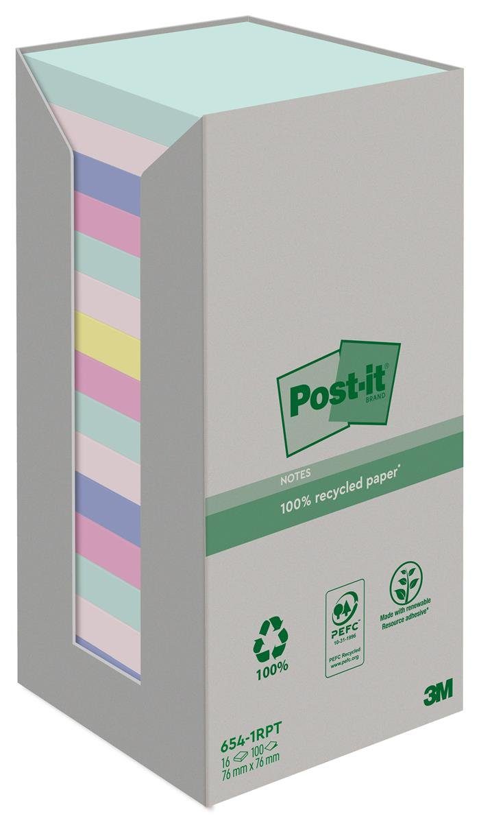 Post-it® Haftnotizblock Haftnotizblock Recycling Notes - 76 x 76 mm, sortiert, 16 x 100 Blatt