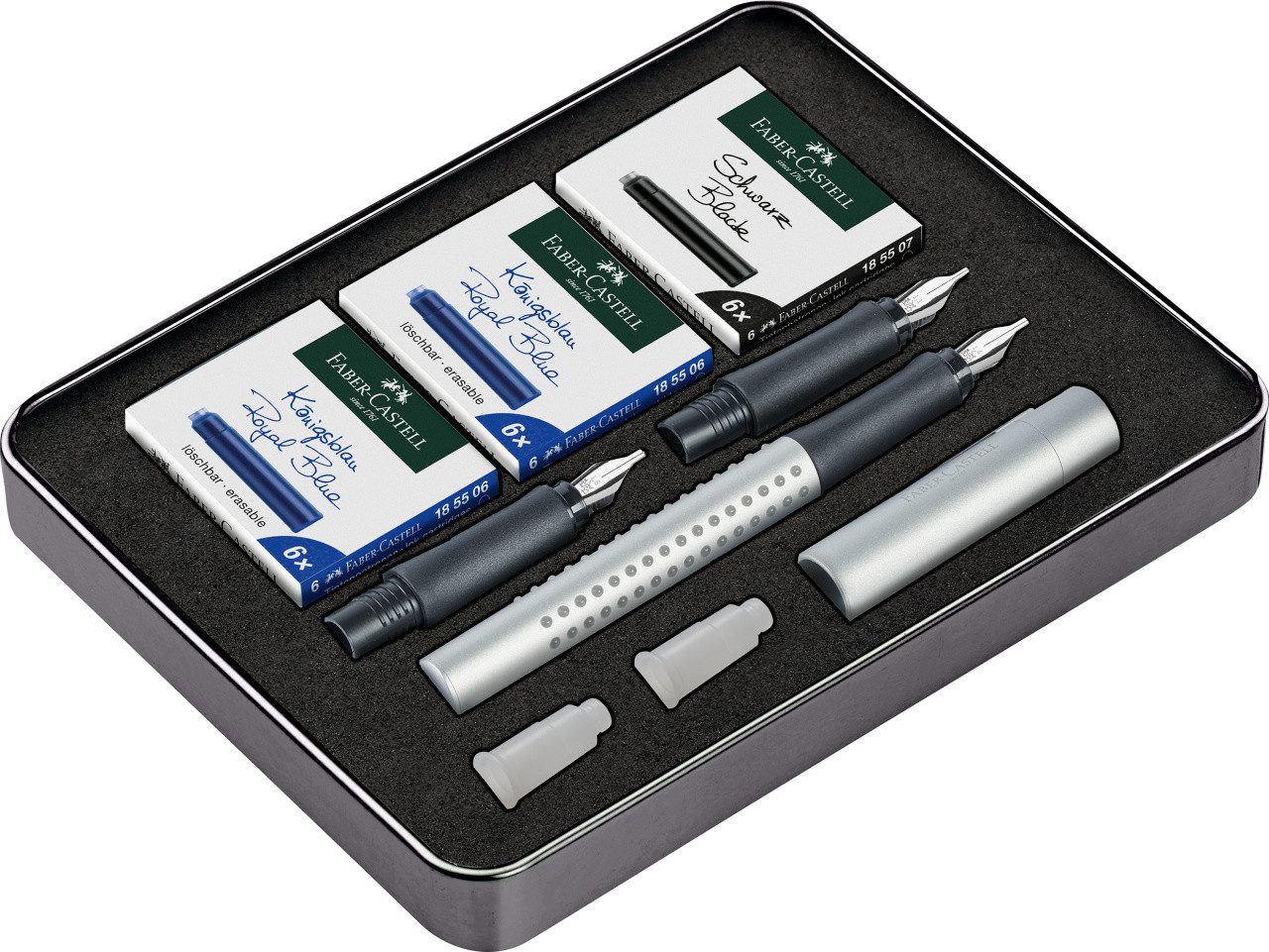 Faber-Castell Füllfederhalter Kalligraphie Set GRIP 2011, in silber mit 3 Federn und Patronen