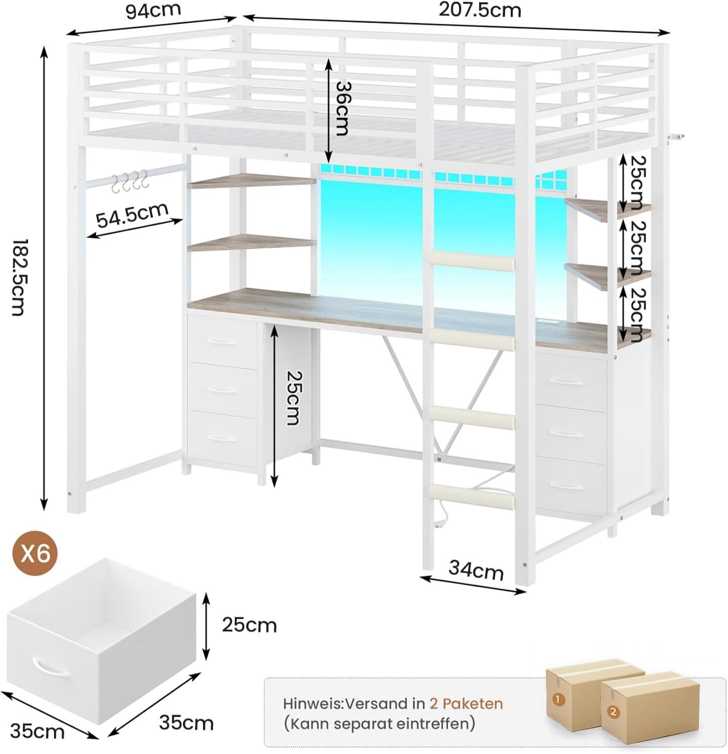 MSMASK Hochbett Jugendbett mit Schreibtisch, 6 großen Schubladen & 4 Ablagen (Ohne Matratze) Kinderbett mit Metall-Rausfallschutz und Leiter, 90x200cm – Bild 2 von 5