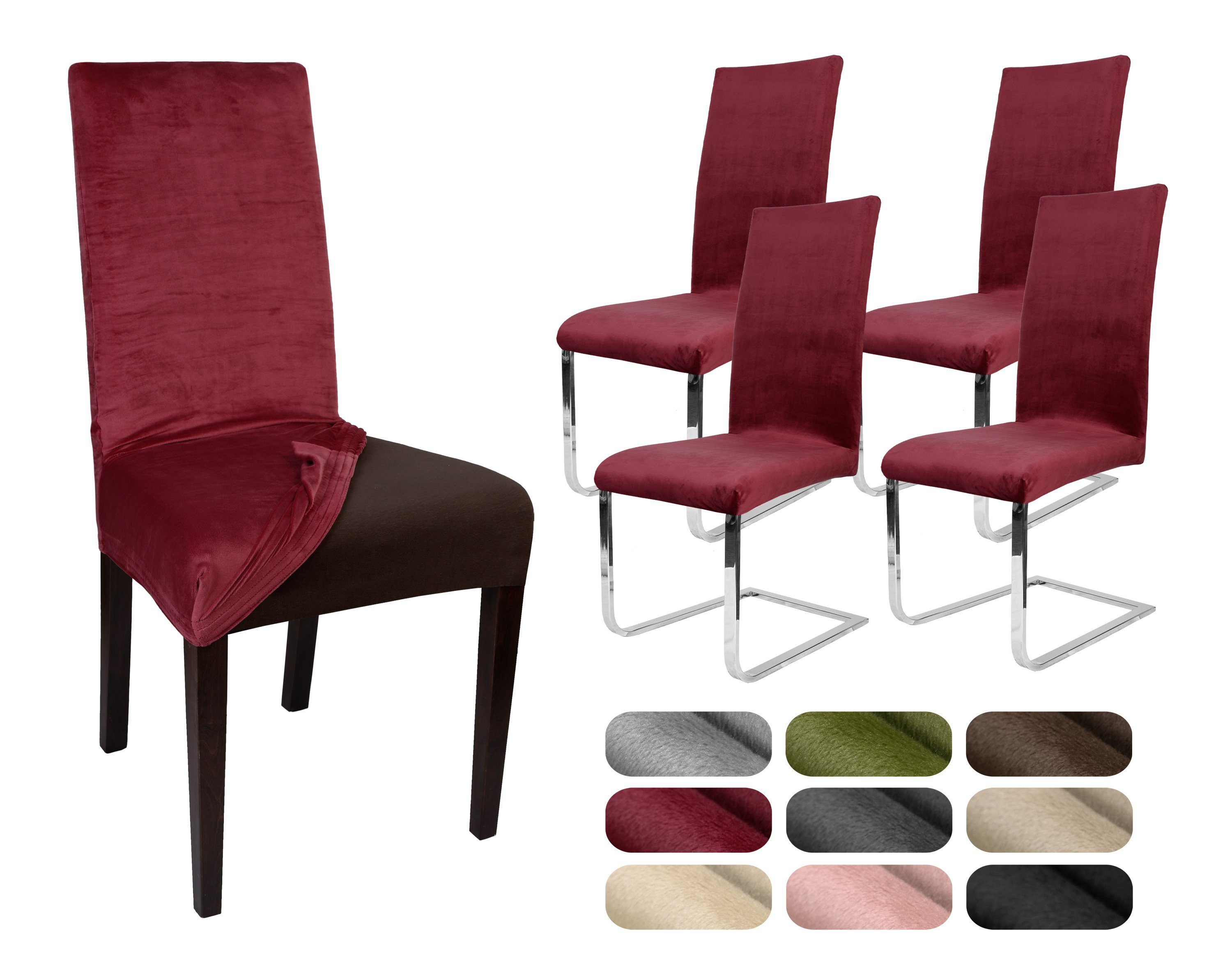 Beautex Stuhlhusse 4er Set LEA Stuhlhusse, elastische Uni Stretch-Husse Samt Mikrofaser