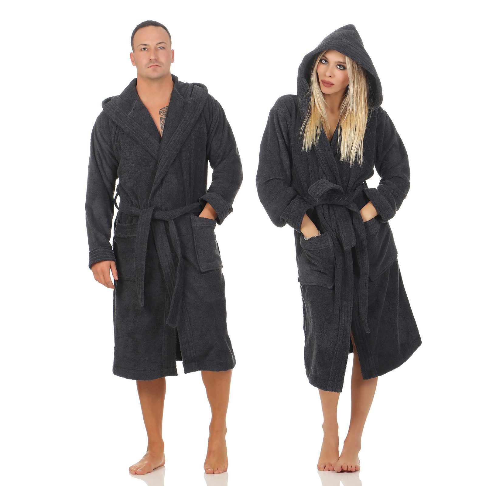 CLASS HOME COLLECTION Unisex-Bademantel mit Kapuze – Baumwoll-Frottee Morgenmantel für Damen & Herren, klassisch, 100% Baumwolle, Kapuze, Binde Gürtel, Mit Kapuze, zwei aufgesetzten Taschen und Bindegürtel