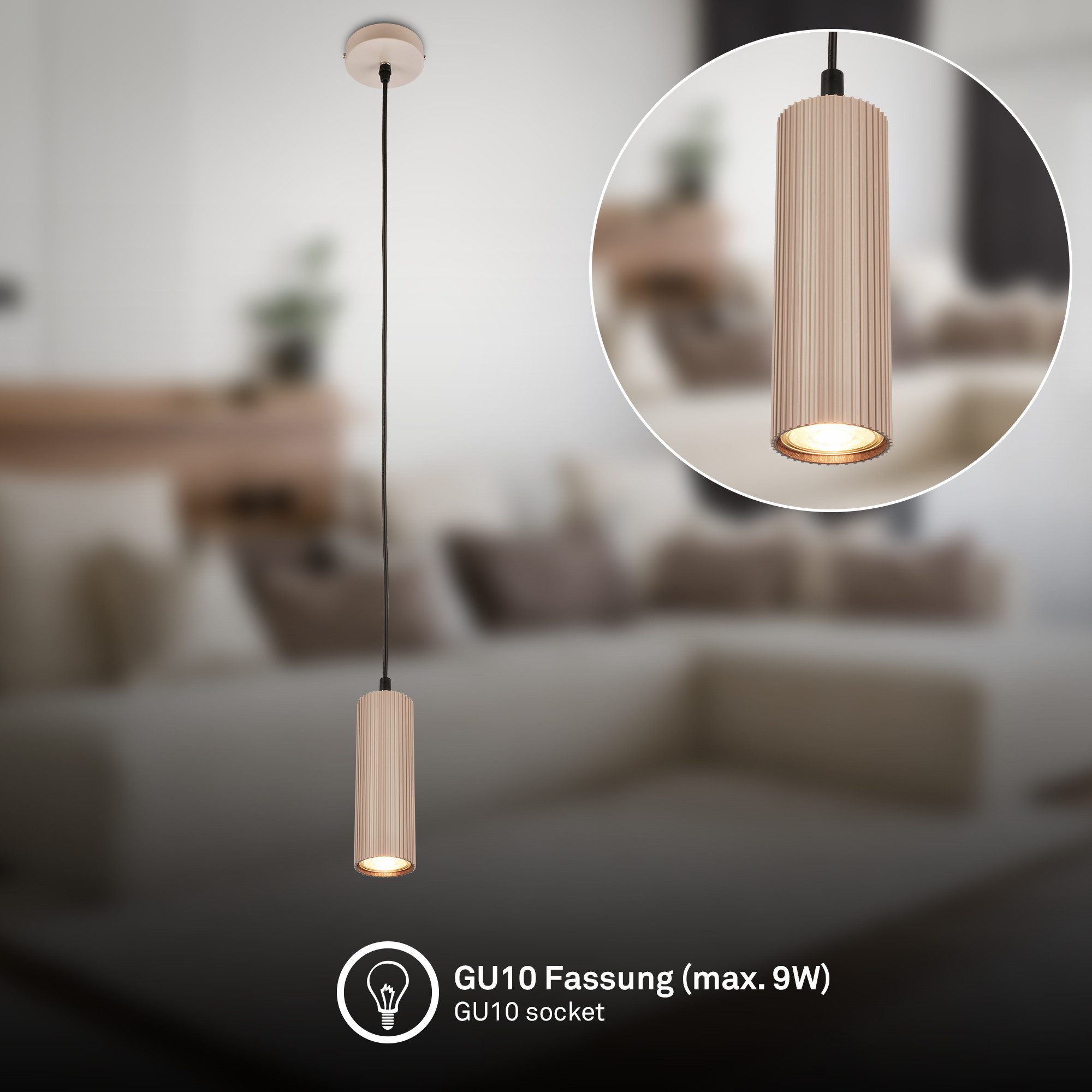 Briloner Leuchten LED Pendelleuchte Hängelampe Höhenverstellbar GU10 Riffle-Optik, 1-Flammig, ohne Leuchtmittel, Abhängig vom Leuchtmittel, 20x120 cm, Esszimmer, Esstisch, Wohnzimmer
