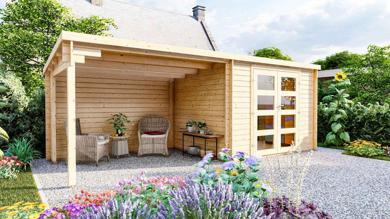 Finn Art Blockhaus Gartenhaus Flachdach 6x3m Holz Funny 4 in 28mm Wandstärke, BxT: 298x240 cm, ohne Fußboden mit Anbau, mit Premium Dachbahn selbstklebend