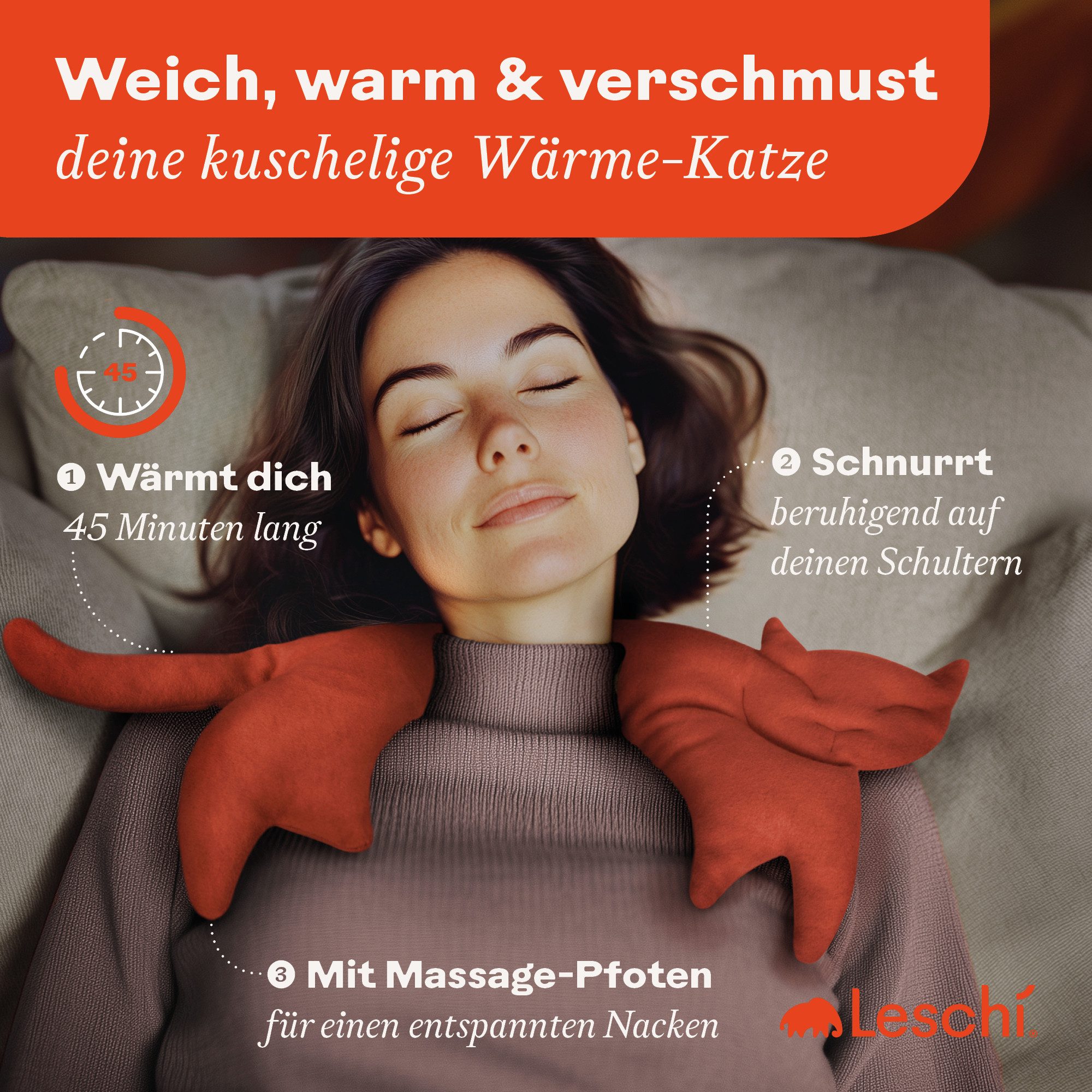 Leschi Wärmekissen für Mikrowelle, Bio-Baumwolle Körnerkissen, Nacken & Schultern, Katze