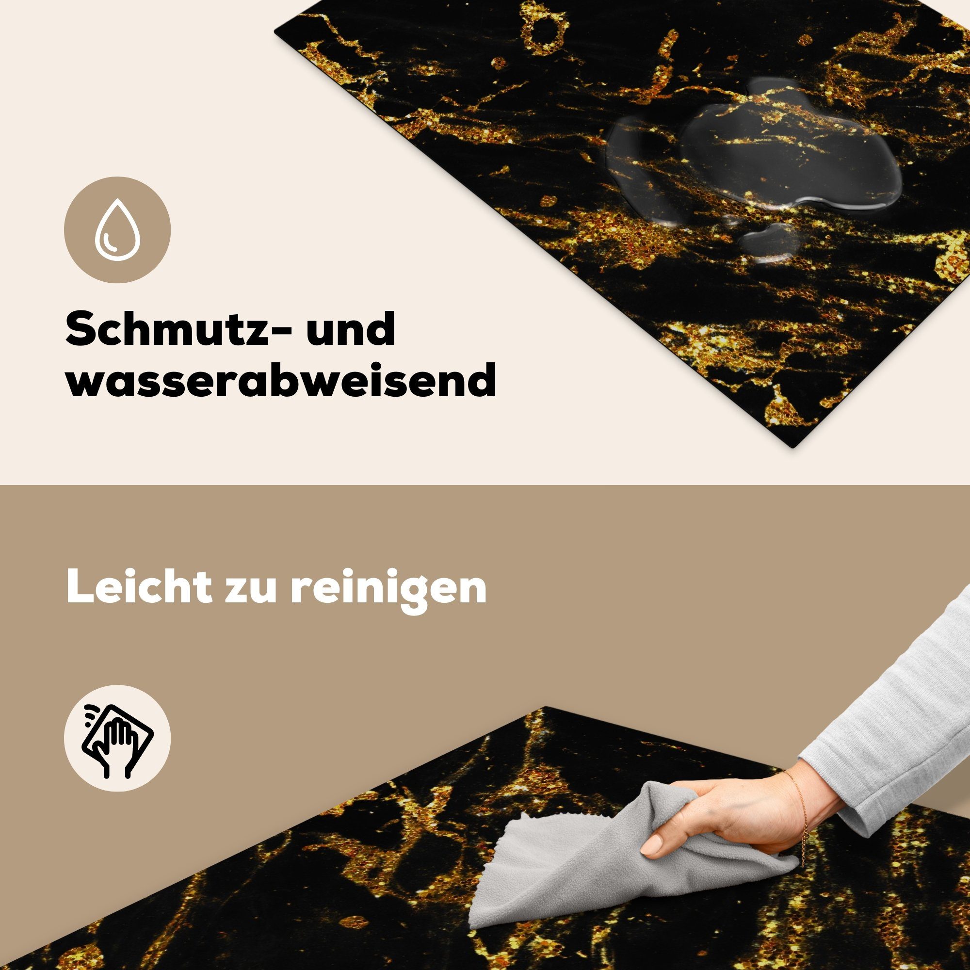 Induktionskochfeld Herdblende-/Abdeckplatte Ceranfeldabdeckung MuchoWow Vinyl, tlg), küche, Schutz - - Glitter, 81x52 cm, die für Marmor Gold (1