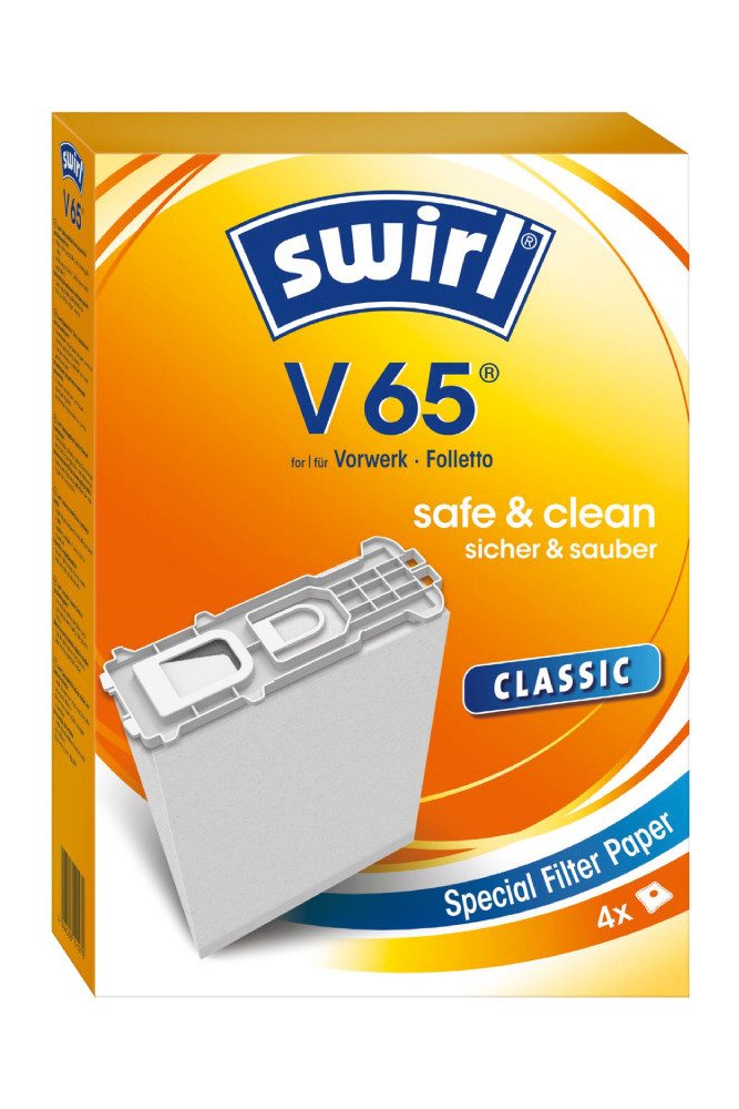 Swirl Staubsaugerbeutel Swirl V65 V 65, passend für Vorwerk Folletto Staubsauger, staubfreie Entsorgung dank DIRTLOCK®-Verschluss, 4 St., Optimale Passform, Leistung und Form exakt abgestimmt