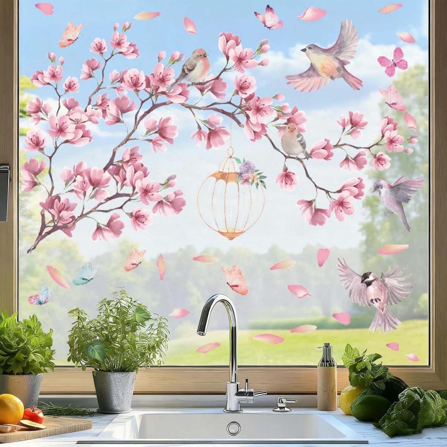 LuxusKollektion Fensterbild Fenstersticker Schmetterling Blumen Rosa