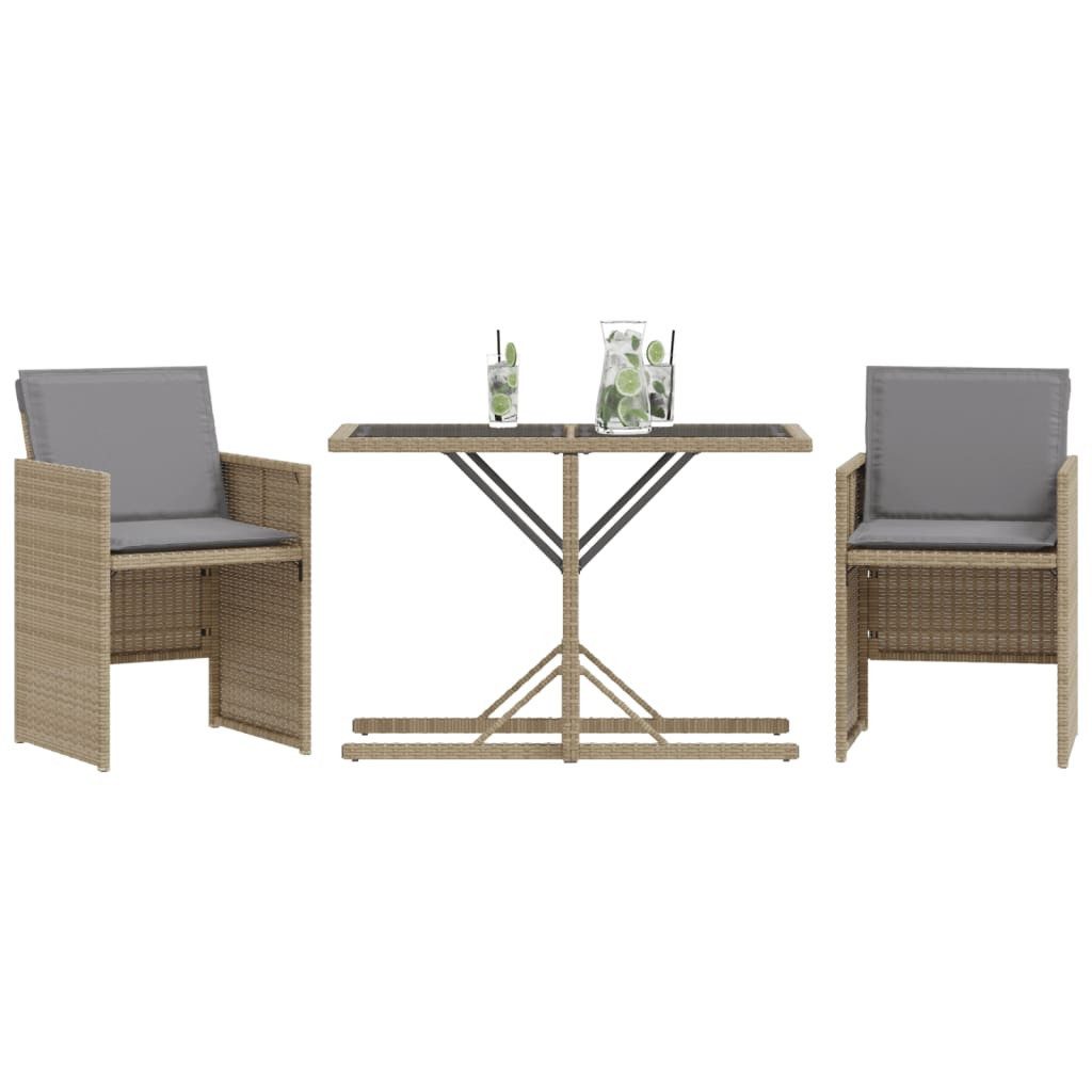 vidaXL Gartenlounge-Set 3-tlg. Bistro-Set mit Kissen Beigemischung Poly Rattan, (1-tlg)