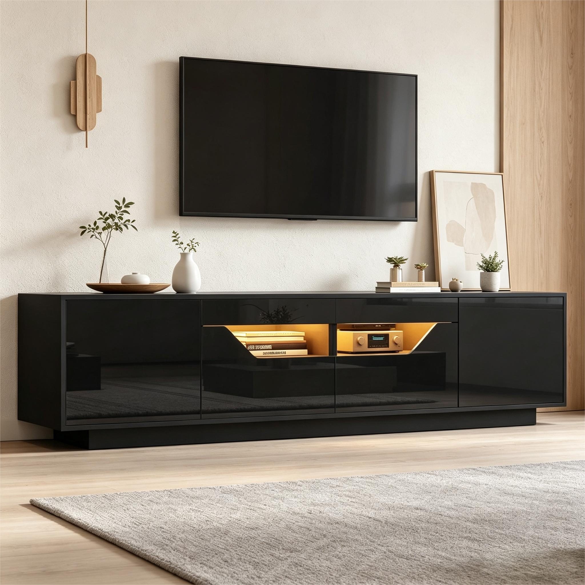 Merax Lowboard hochglanz Fernsehschrank mit LED-Beleuchtung (Für Fernseher bis 75 Zoll, 1 St., Push-to-Open-Funktion), TV-Schrank mit 2 Schubladen,2 Schränken & offenen Regalen,180x40x45cm