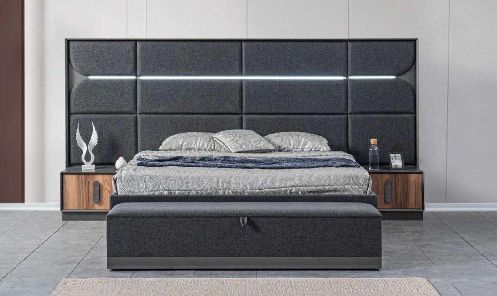 JVmoebel Schlafzimmer-Set Grau Bett 2x Nachttische 3 tlg. Schlafzimmer Set Design Modern Neu Set, (3-St., Bett + Bank + 2x Nachttische), Made in Europe