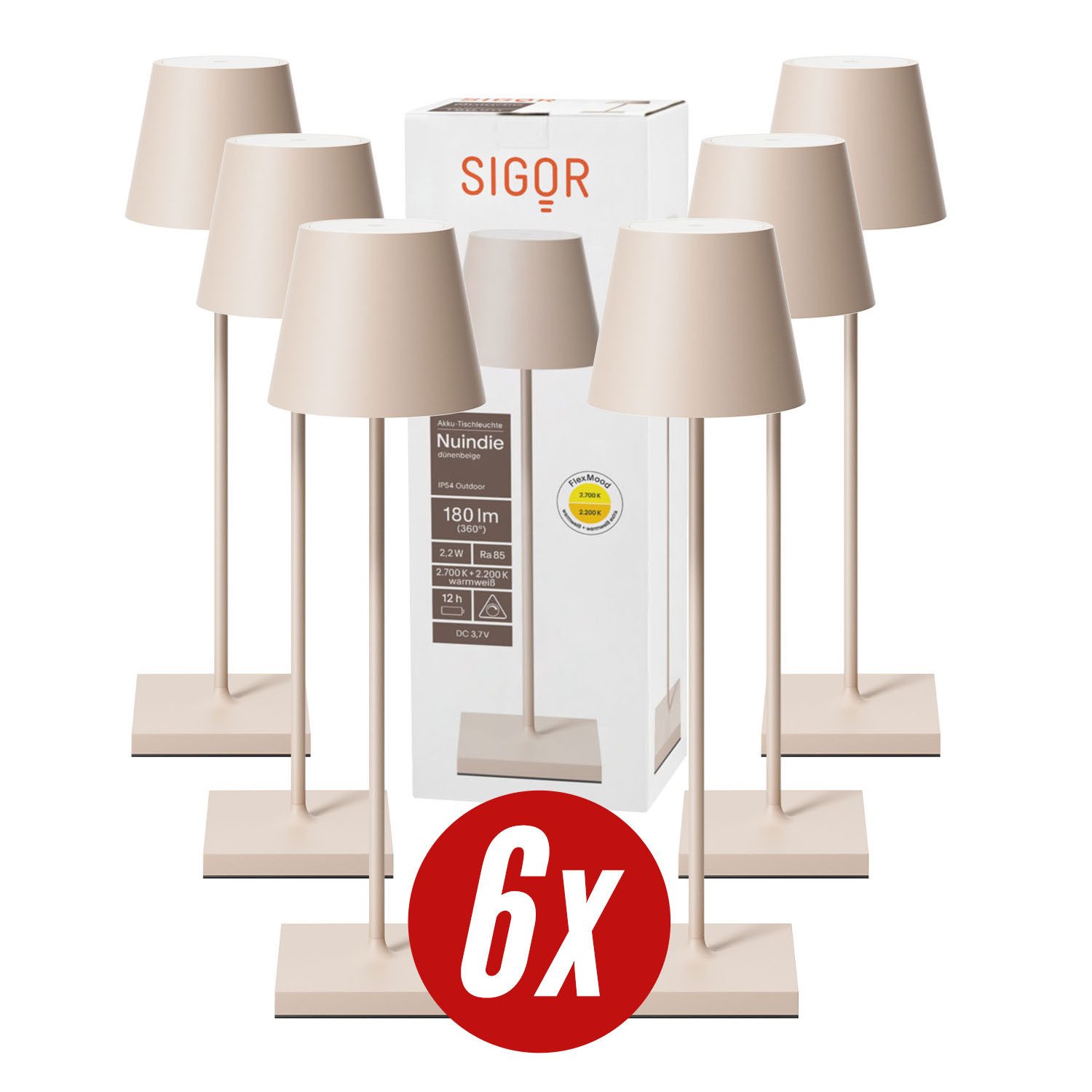 SIGOR LED Tischleuchte 6x Nuindie USB-C 380mm dünenbeige, Dimmbar, LED fest integriert, Warmweiß