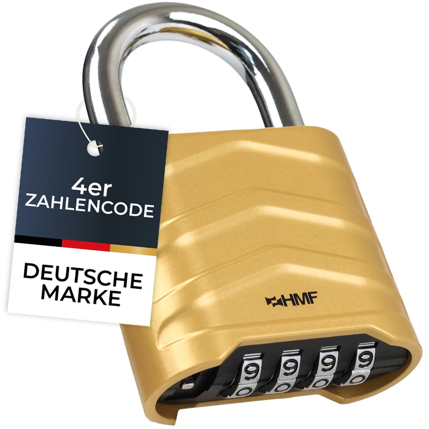 HMF Vorhängeschloss Zahlenschloss Vorhängeschloss, Schloss mit 4-stelligem Zahlencode, aus Aluminiumlegierung, 5,6 x 2,6 x 8,7 cm, Gold
