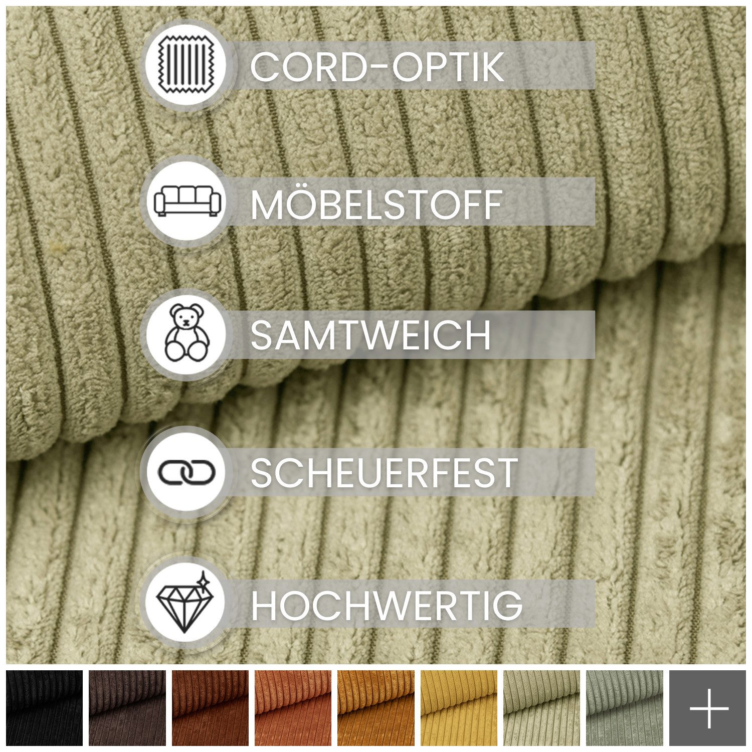 novely® Stoff PORTO - Polsterstoff in Breitcord-Optik - Ultraweicher Möbelstoff, Samtige Haptik, Reißfest, Fusselfrei, Robust, Meterware, 1lfm – Bild 3 von 5