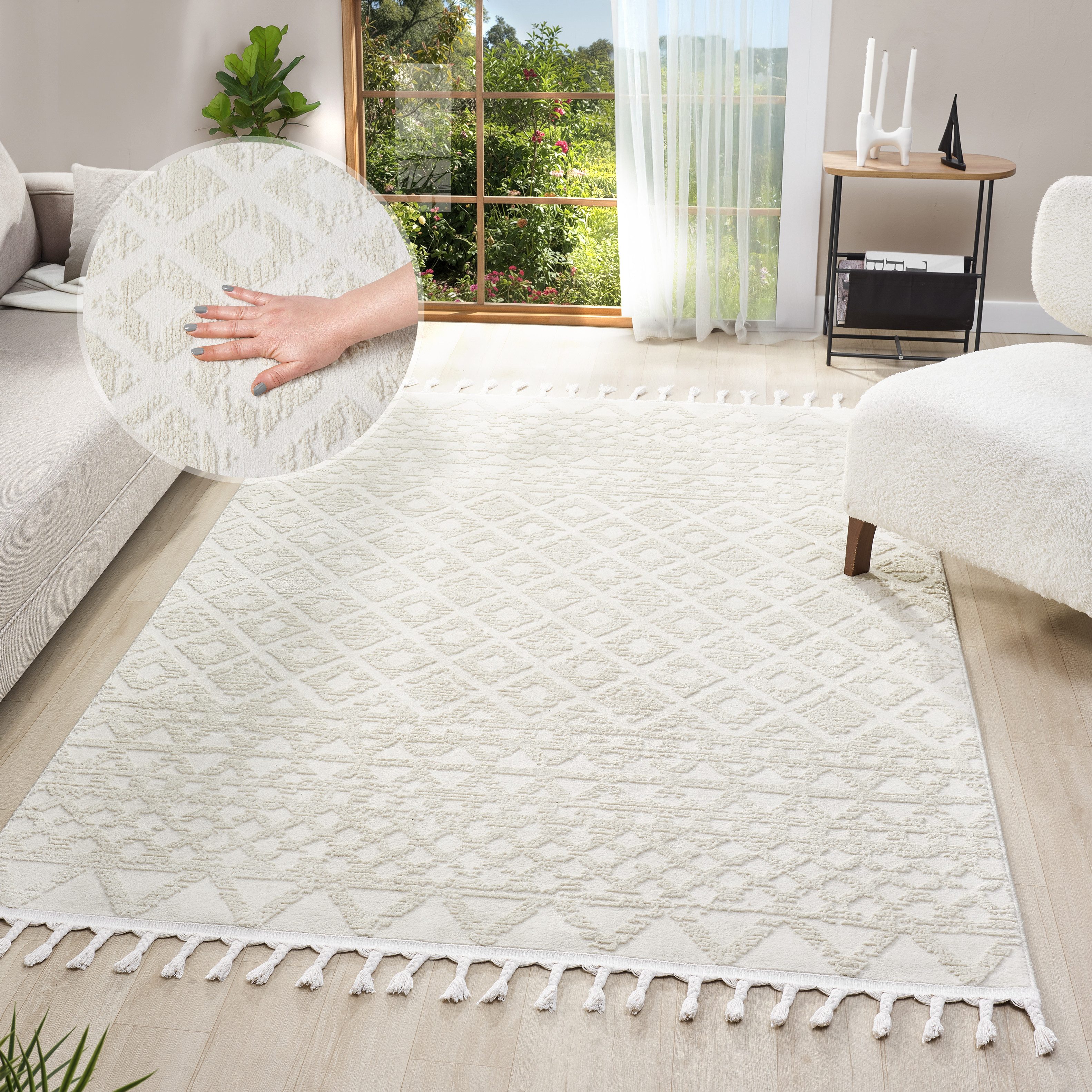 OTTO home Teppich Ribeyret, rechteckig, Höhe: 11 mm, mit Fransen, Hoch-Tief-Struktur, Woll-Look, Boho-Style, Wohnzimmer