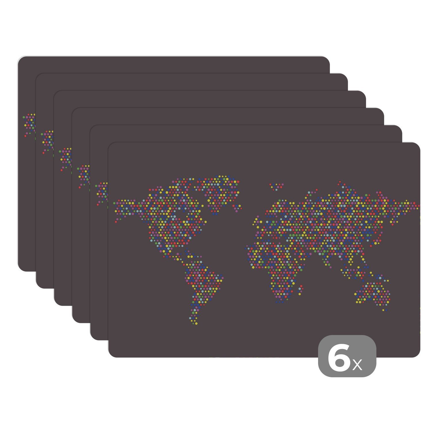 Platzset, Weltkarte - Punkte - Farben, MuchoWow, (6-St), Platzset, Platzdecken, Platzmatte, Tischmatten, Schmutzabweisend