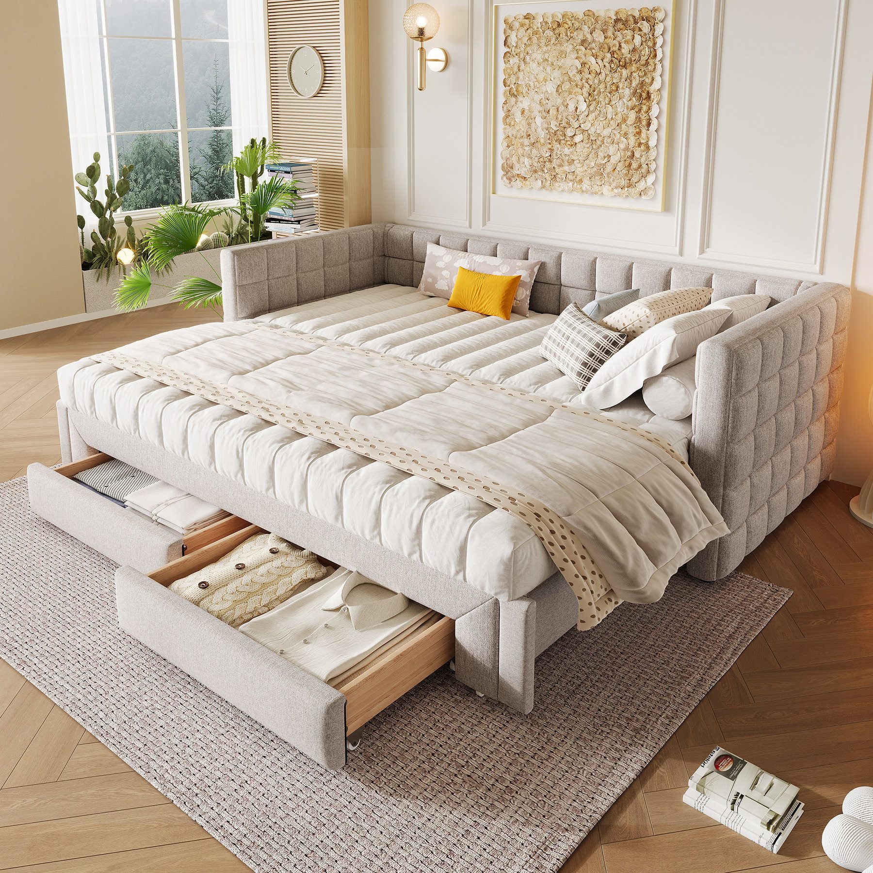 Odikalo Schlafsofa Schlafcouch Tagesbett Daybett 90/180x200 mit Schubladen, Sofabett mit quadratischer Rückenlehne ausziehbares Bett (ausziehbar auf 180 Queensize) 2 Schubladen ohne Matratze