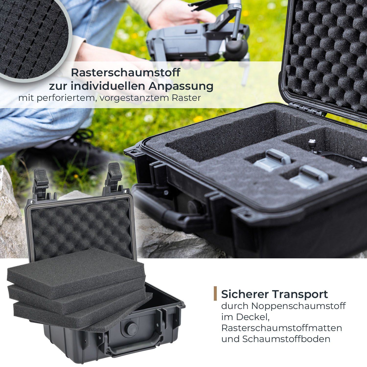 HMF Werkzeugkoffer Robuster Outdoorkoffer mit Druckausgleichsventil und Rasterschaumstoff, Outdoor-Koffer wasserdicht und staubdicht, 23 x 19 x 11 cm, schwarz