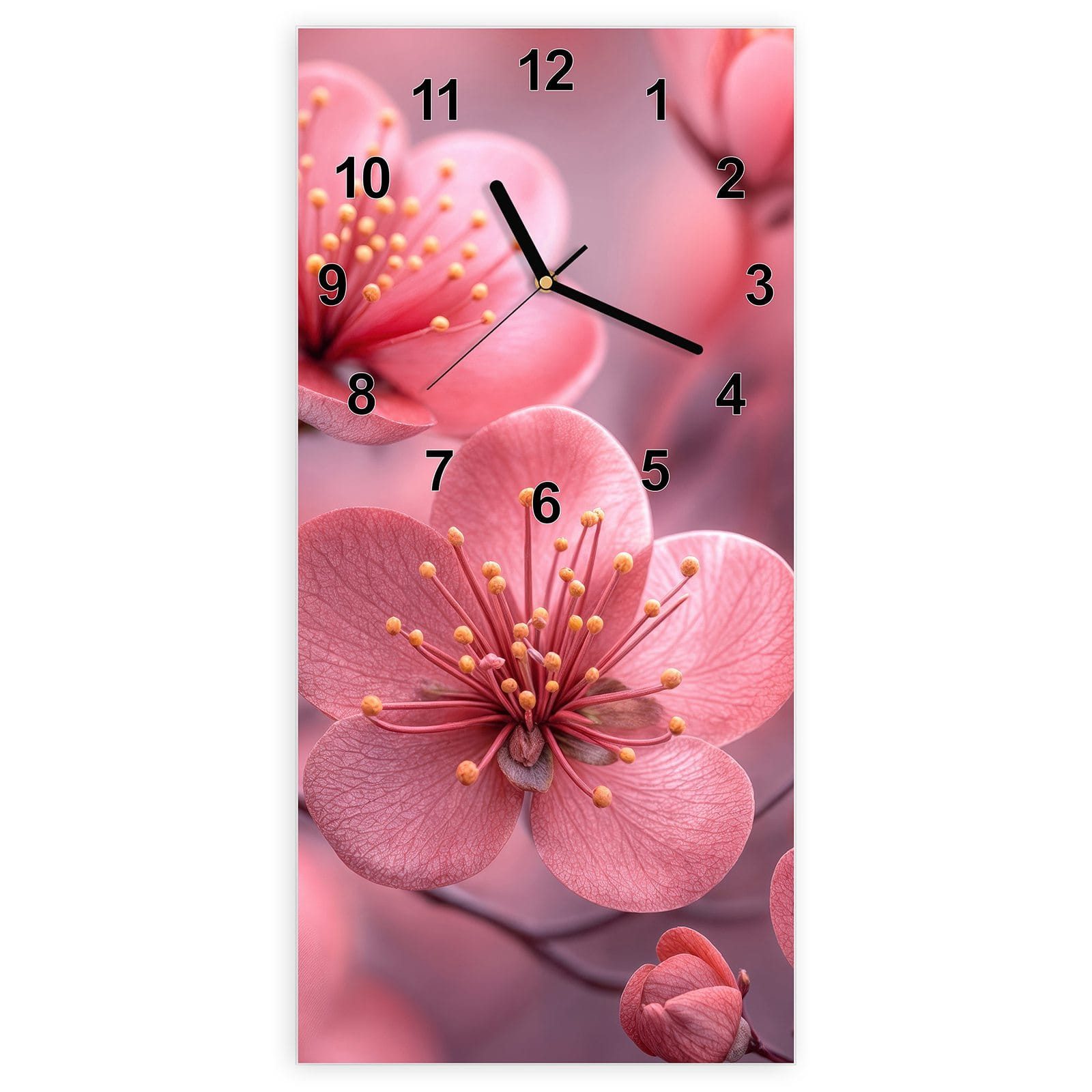 Wanduhr Glasuhr Wandkunst Größe 30 x 60 cm mit Motiv Kirschbaumblüten