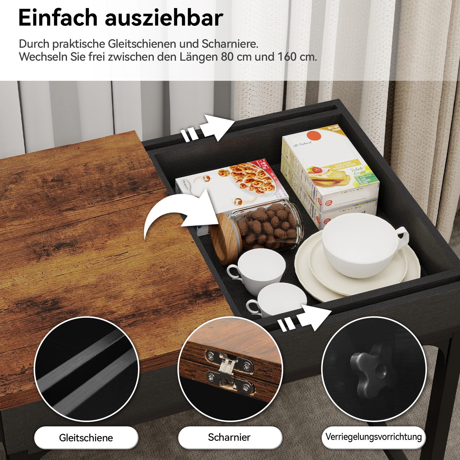 Puluomis Esstisch ausziehbar, Erweiterbarer Tisch 55x80-160cm, Klapptisch weiß natur – Bild 4 von 5