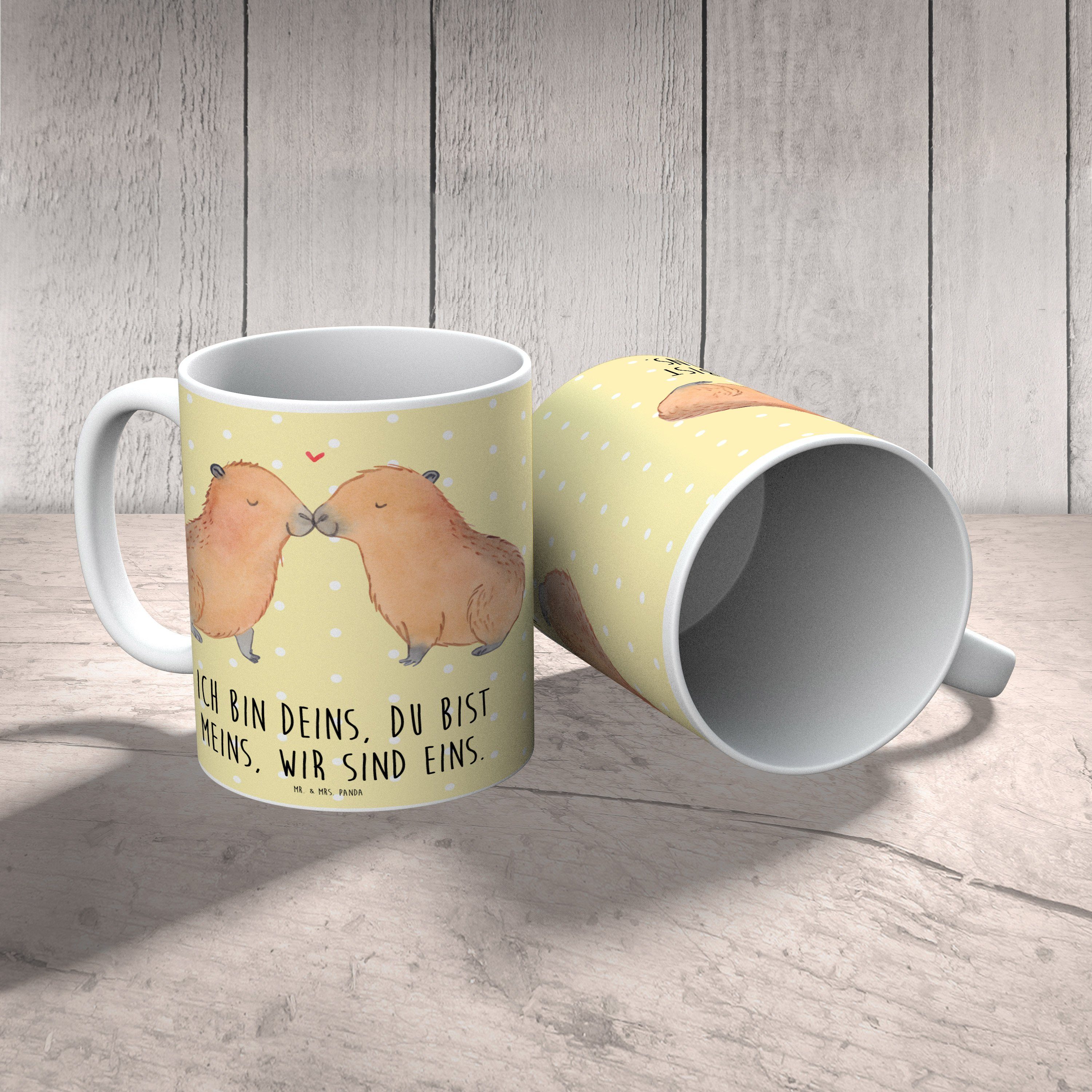 Mr. & Mrs. - Pastell Tasse Gelb Geschenk, Spr, Keramik Handgezeichnet, Capybara - Panda Liebe lustige