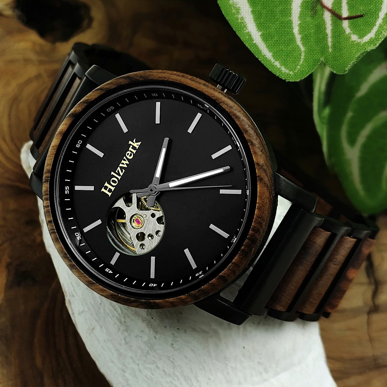 Holzwerk Automatikuhr Mechanische Herren Designer Edelstahl & Holz Armband Uhr, (inklsuive Armbandkürzer), Holz Unikate, ideal auch als Geschenk