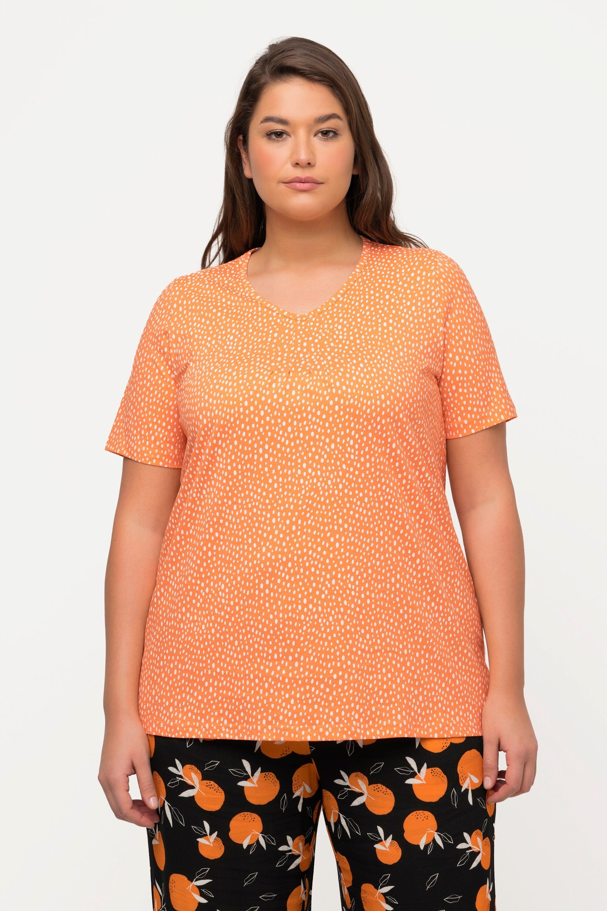 Ulla Popken Rundhalsshirt T-Shirt Pünktchen A-Linie V-Ausschnitt Halbarm cantaloupe orange