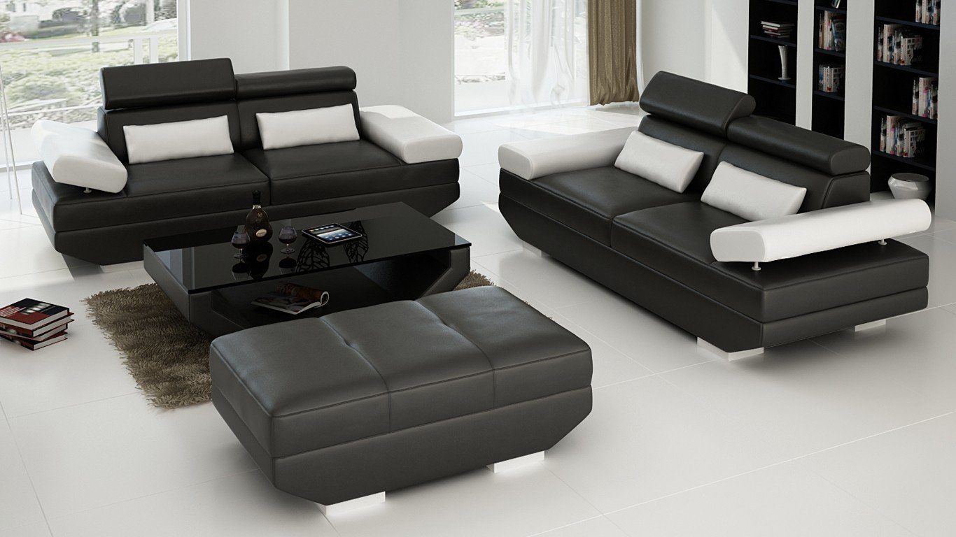 Made Sofa Sofagarnitur Europe Möbel Neu, JVmoebel in schwarz-weiße 3+3+Hocker Moderne luxus