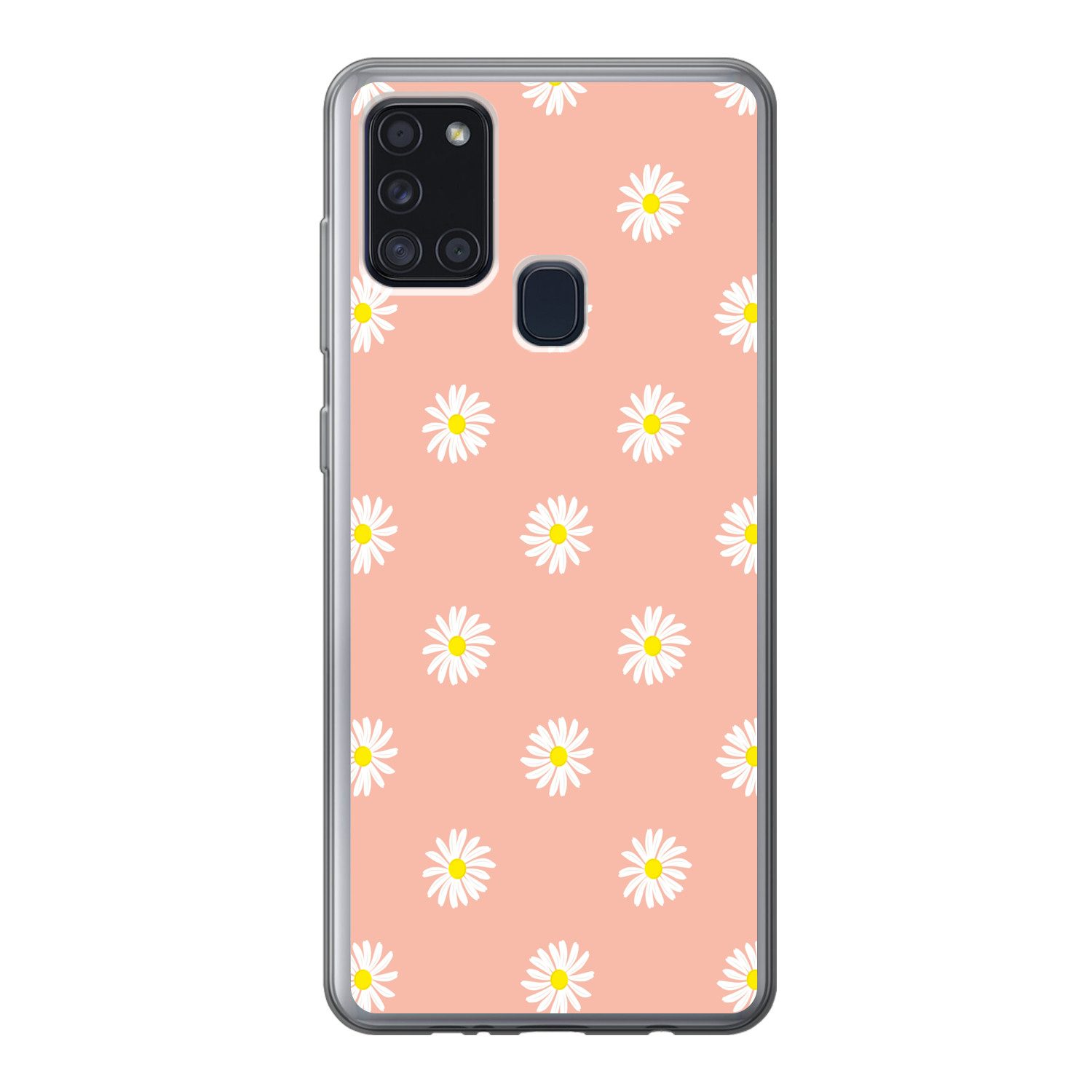 MuchoWow Handyhülle für Samsung Galaxy A21s Gänseblümchen - Pastell - Weiß - Rosa - Blumen, Smartphone-Bumper, Print, Handy Schutzhülle Dünn