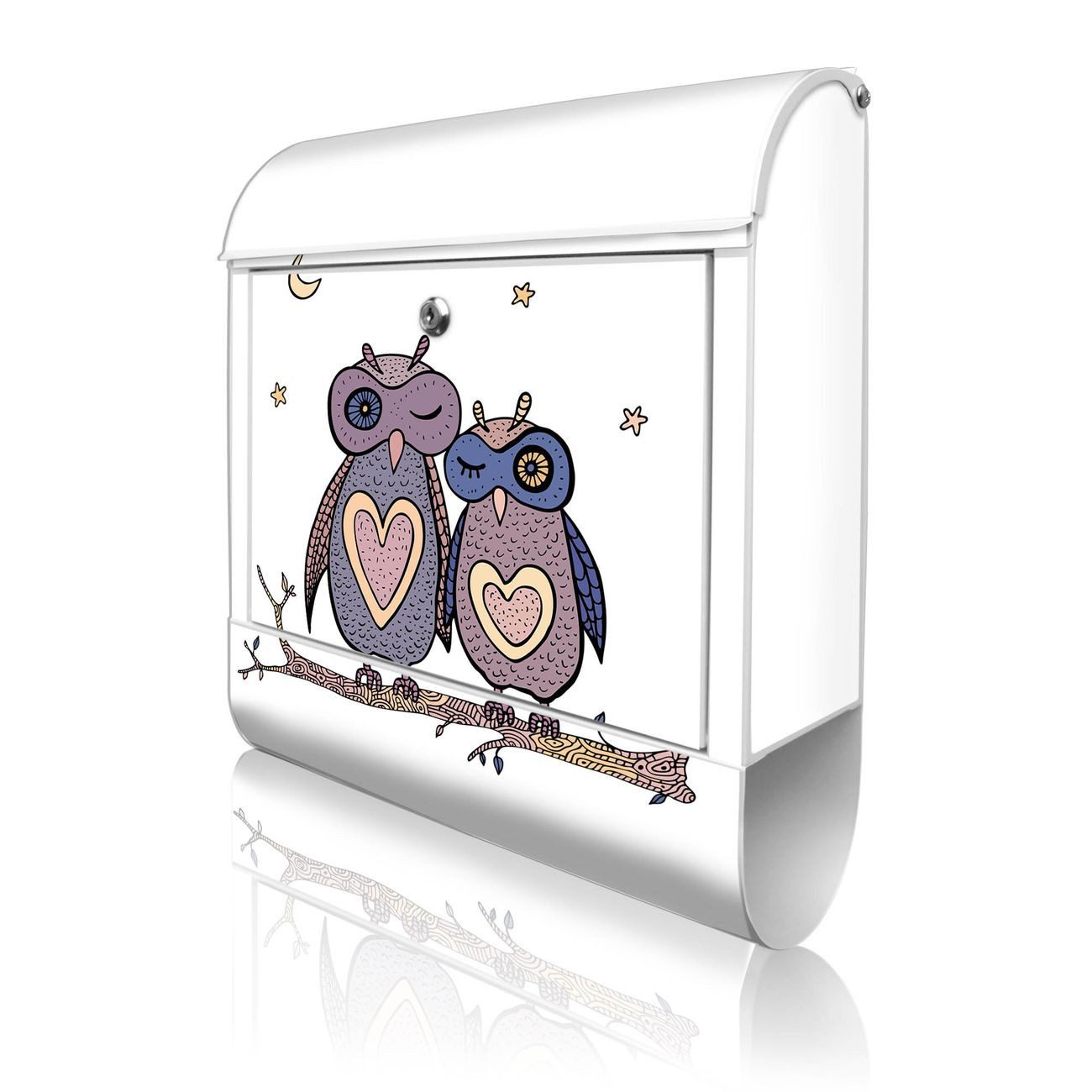 banjado Wandbriefkasten Weiß Stahl mit Motiv Verliebte Eulen (Wandbriefkasten witterungsbeständig, pulverbeschichtet, mit Zeitungsfach), 47 x 39 x 14 cm