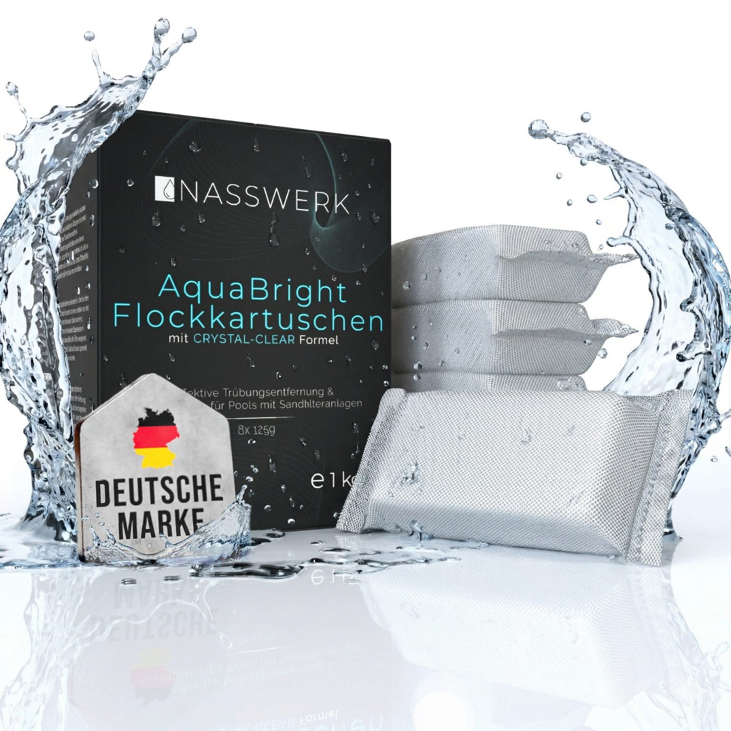 Nasswerk® Poolpflege AquaBright Flockkartuschen Pool Flockungsmittel Tabletten, 1 kg – 8 Flockkartuschen à 125 g für Sandfilter