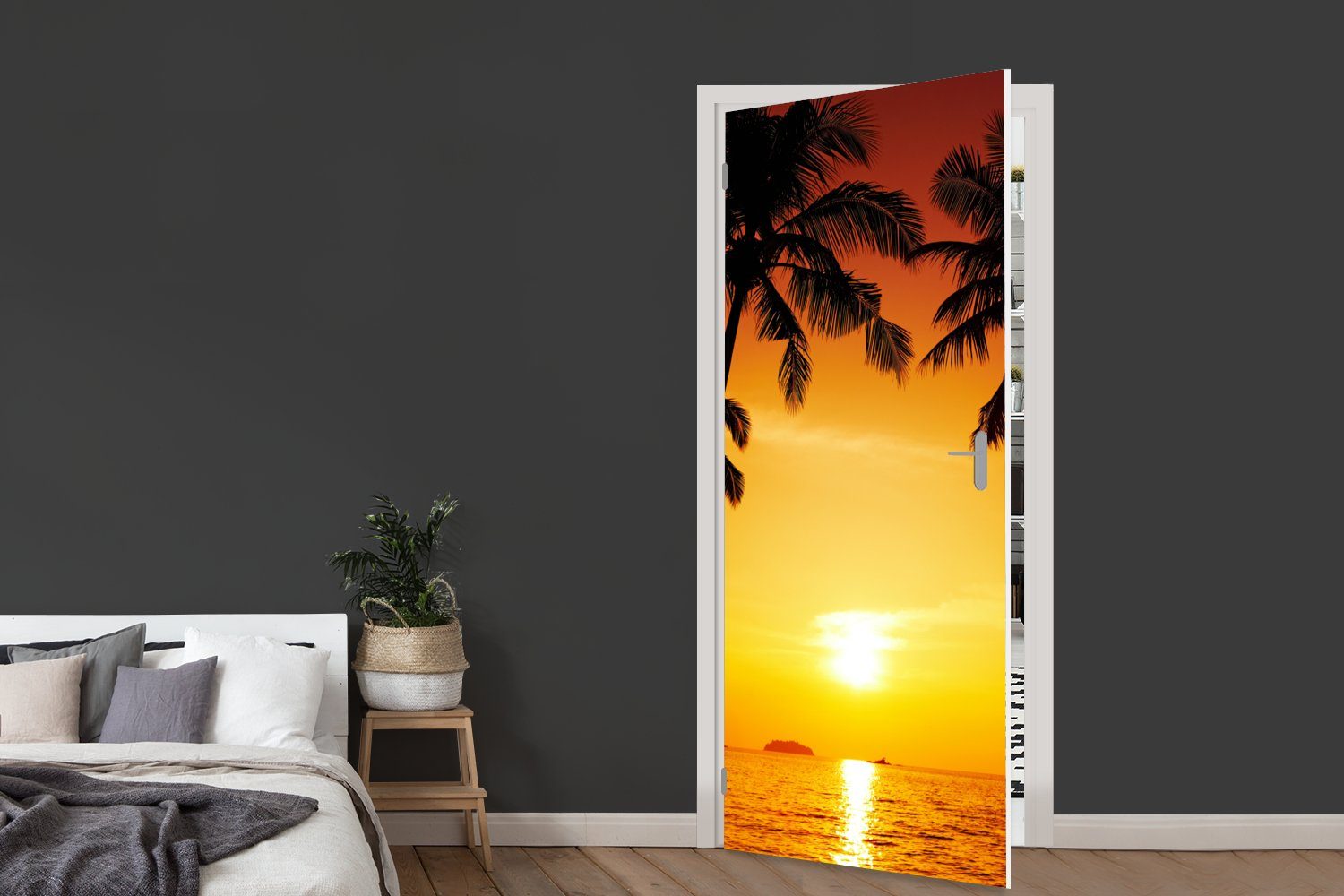 - Orange für - Tropisch, MuchoWow 75x205 Strand bedruckt, - Sonnenuntergang - (1 Palme St), Matt, Türtapete Tür, cm Fototapete Türaufkleber,