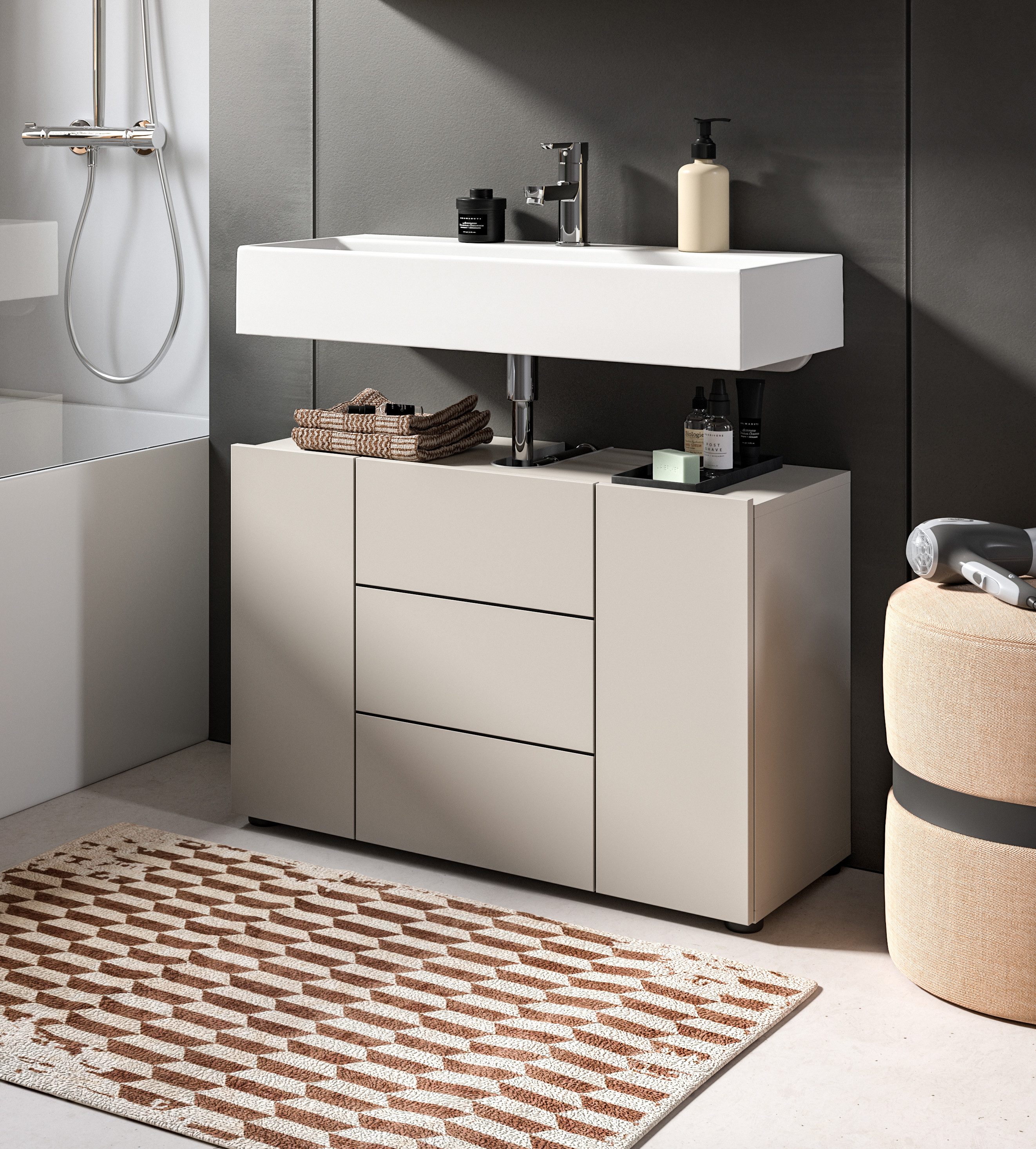 welltime Waschbeckenunterschrank BIEL, Breite: 82 cm, 3 Türen, 4 Fächer, Siphonausschnitt (1-St) Waschbeckenunterschrank, Unterschrank, WBU, Badezimmer, Bad