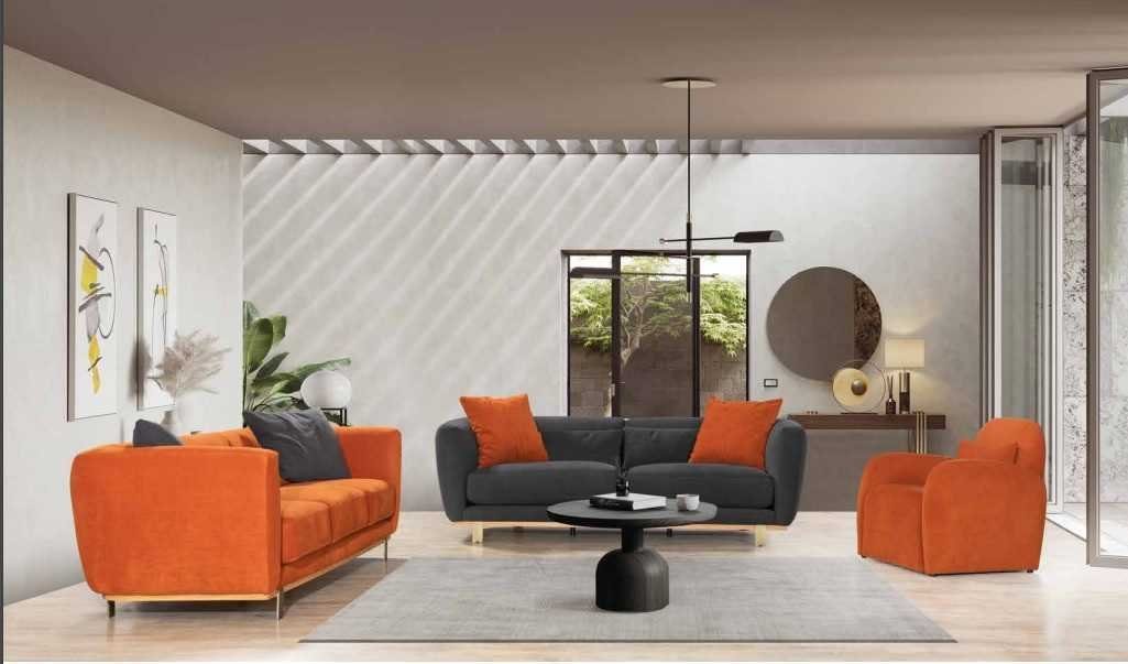 JVmoebel Wohnzimmer-Set Moderne Orange-Braune Sofagarnitur (3-St), Sofas Sitzer in Textil Made 4+3+1 Europa Luxus