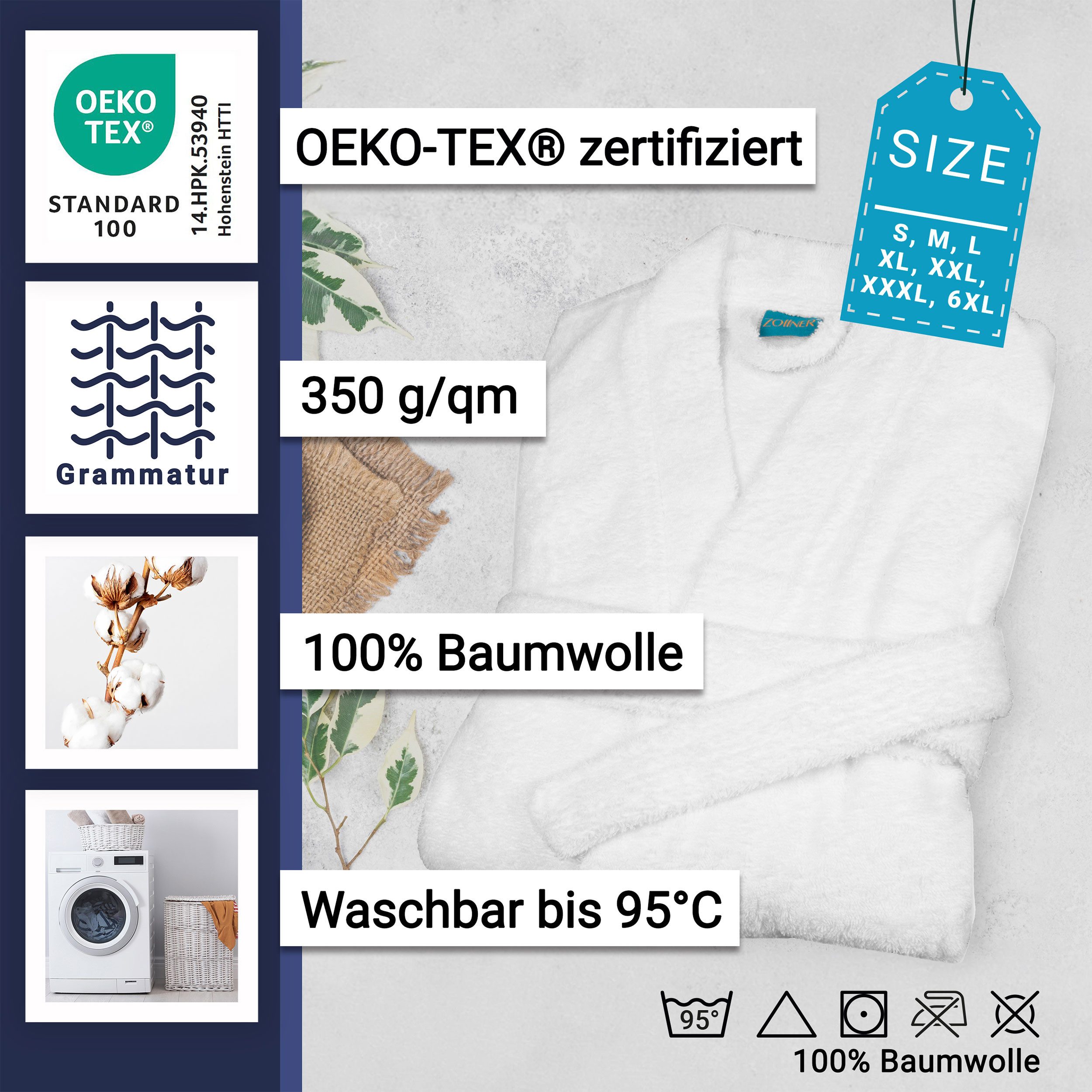 ZOLLNER Unisex-Bademantel, 100% Baumwolle, Kimono-Kragen, Gürtel, 100% Baumwolle, vom Hotelwäschespezalisten, S-6XL