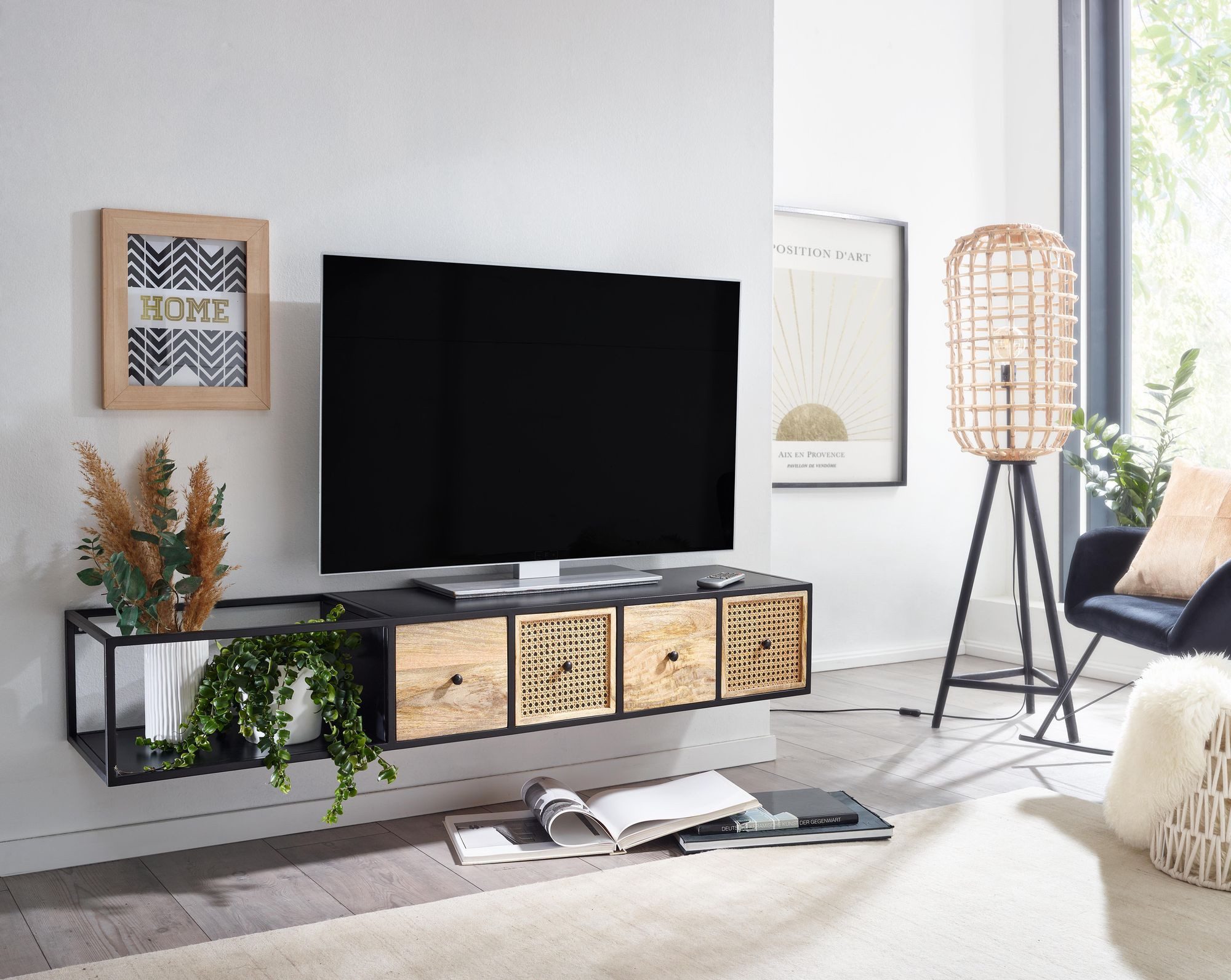 Wohnling Lowboard WL6.588 TV Schrank Hängend 150x25x35 cm Holz Metall Wiener Geflecht (Hängend Mango Massivholz / Metall 150x25x35 cm), Fernsehtisch Wiener Geflecht, TV-Schrank Schwarz