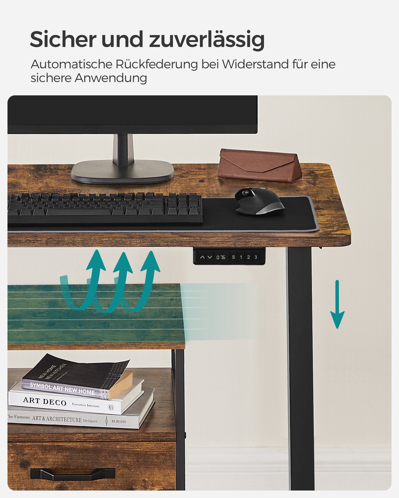 SONGMICS Schreibtisch höhenverstellbar 120/140cm, Bürotisch Vintagebraun-Schwarz elektrisch Schwarz Vintagebraun | USB 