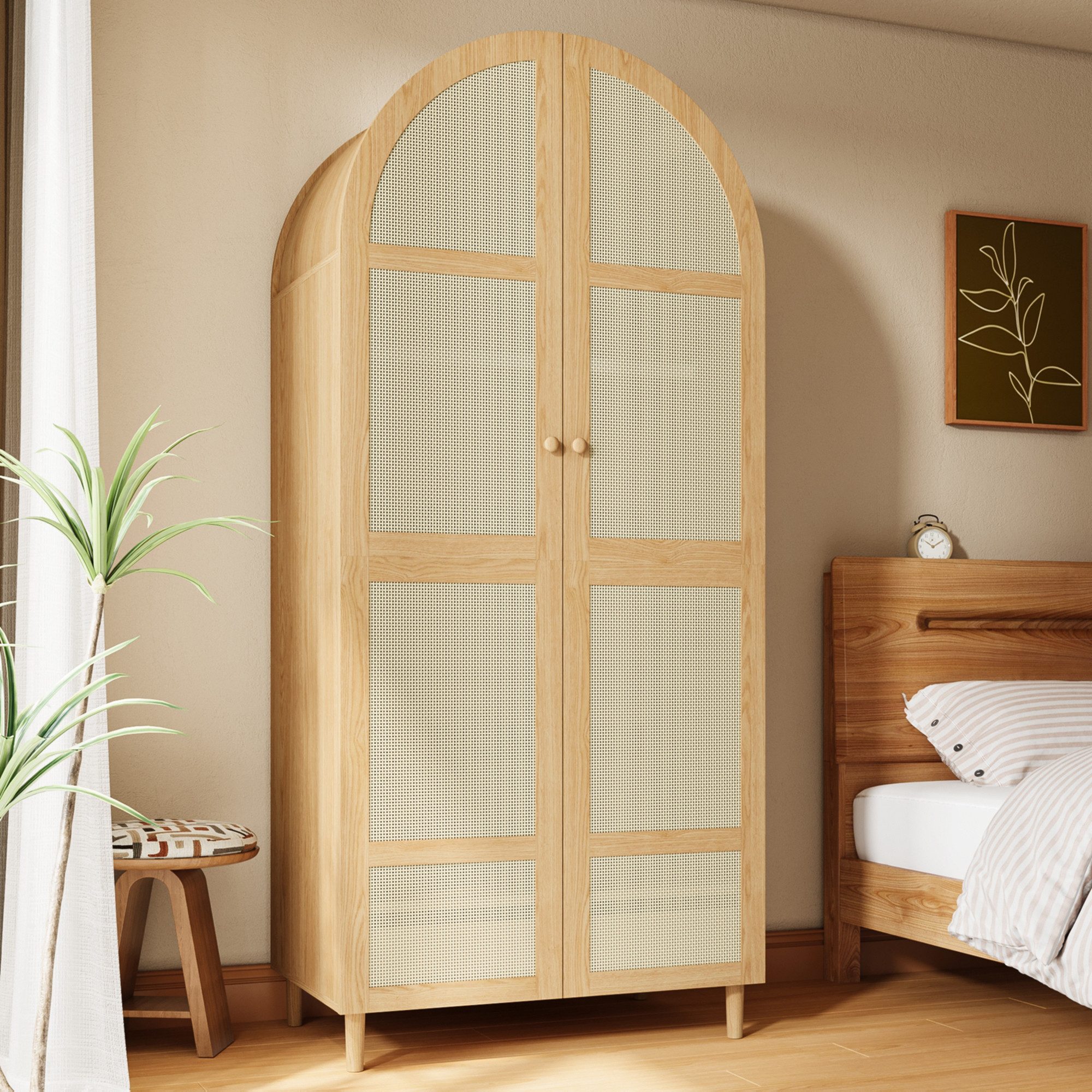 Merax Kleiderschrank mit gebogenen Türen, Rattan-Frontdesign und großem Stauraum (80 L x 50 B x 179 H cm, 1-St) Garderobenschrank Schrank …
