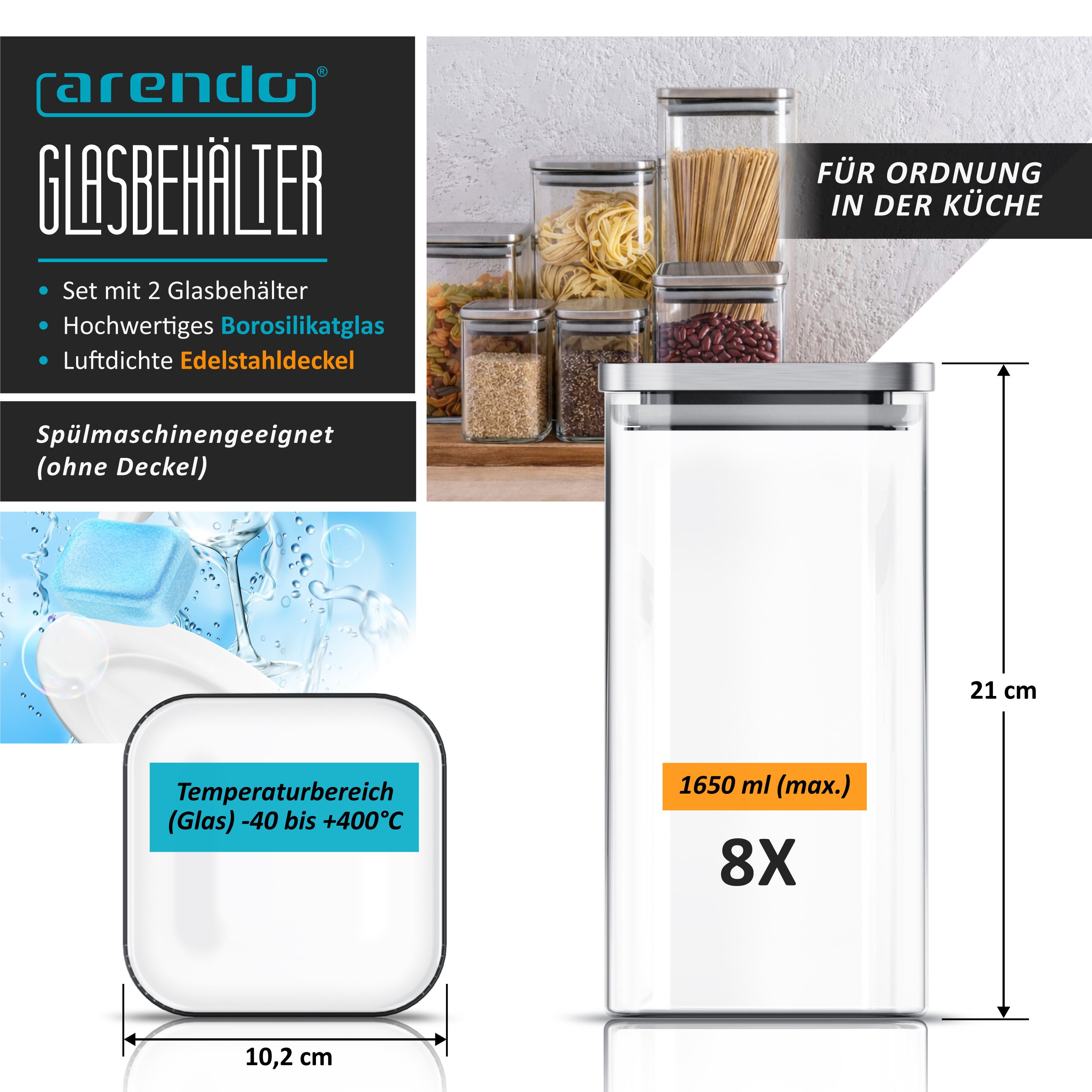 Arendo Aufbewahrungsbecher Glasbehälter-Set 8x 1,65 L Borosilikatglas mit Edelstahldeckel, Borosilikatglas, Edelstahl, Silikon, (Vorratsbehälter-Set, 8-tlg., 8e – Bild 2 von 5