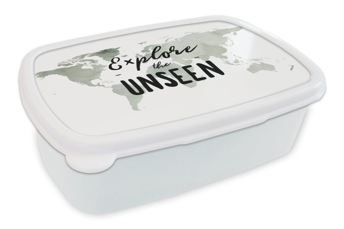 Brotdose, Weiß Jungs MuchoWow Mädchen Lunchbox für Zitat, Erwachsene, Kunststoff, und - - Brotbox Kinder für (2-tlg), und Weltkarte