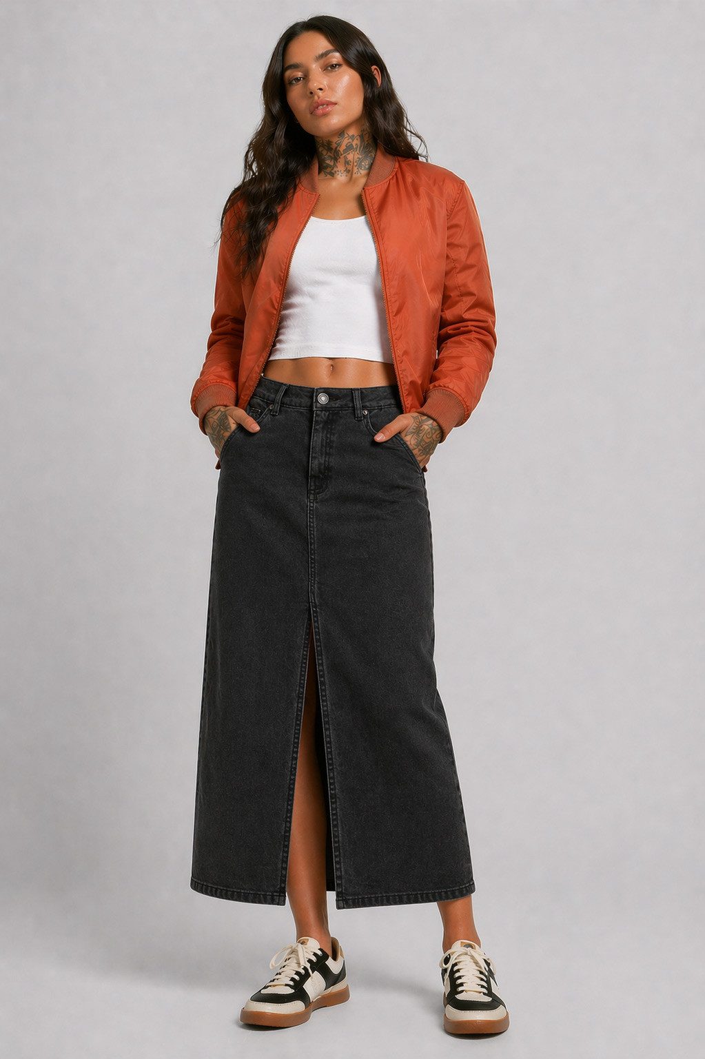 urbandreamz Jeansrock Damen Maxi Midi Rock langer Schnitt Denim Stretch