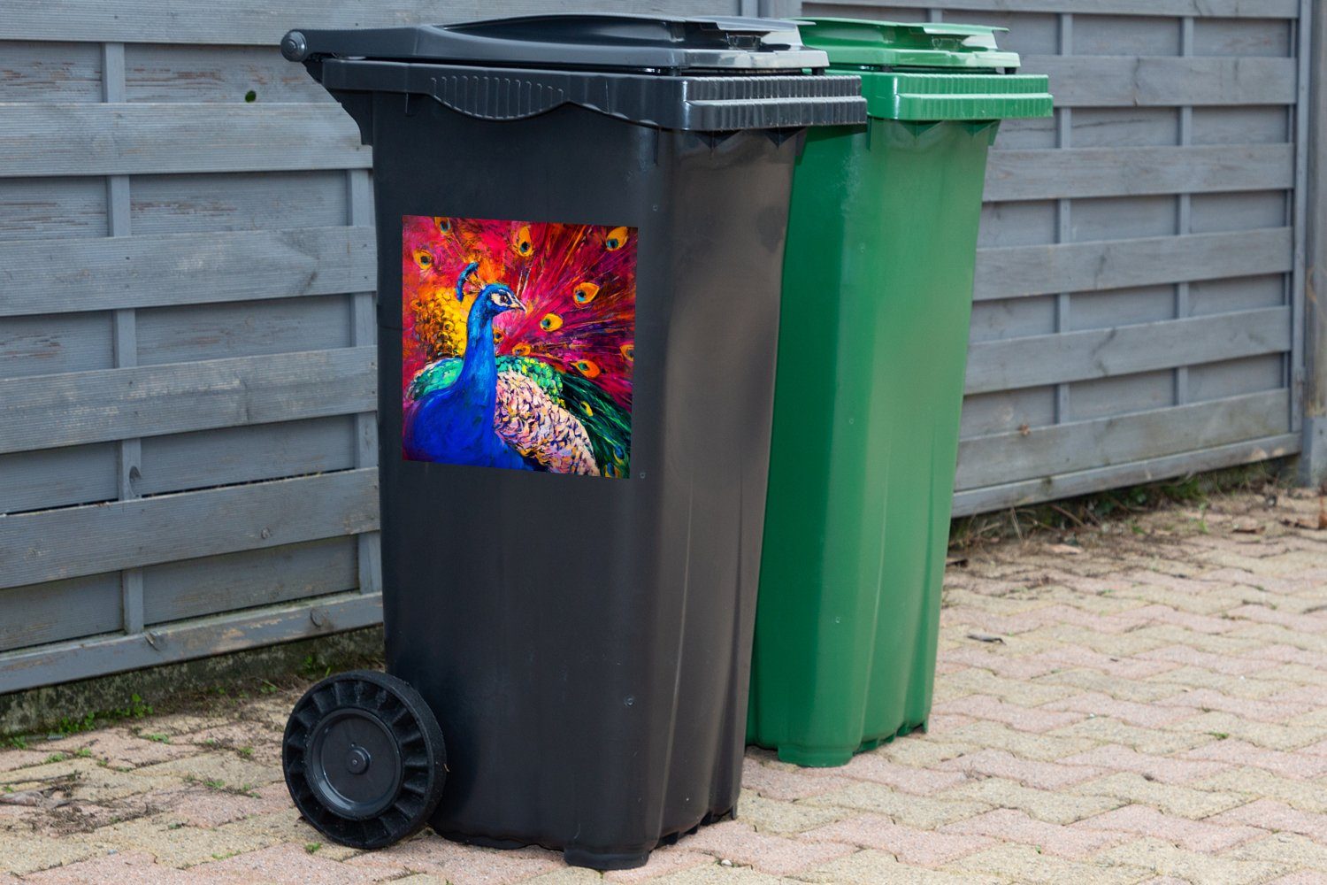 Wandsticker Container, - - (1 Pfau Vogel MuchoWow Mülleimer-aufkleber, Sticker, Abfalbehälter St), Mülltonne, Ölgemälde - Gemälde
