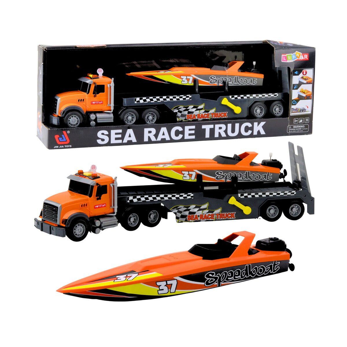 Wisam Spielzeug-Auto LKW mit Aufzieh-Motorboot, Lichter und Geräusche, Orange Set