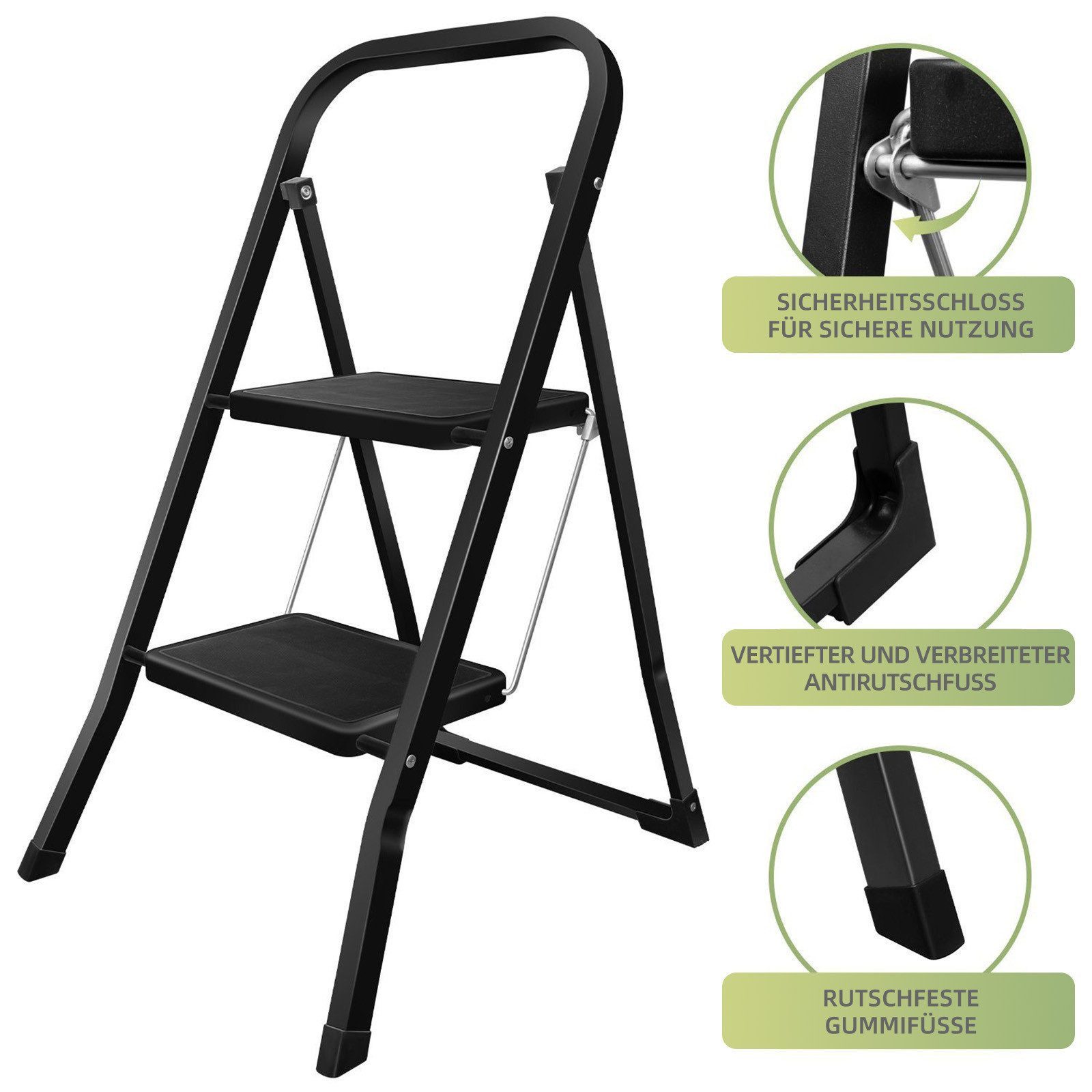 OZAVO Trittleiter 2/3 stufen Klappleiter Mit 30cm extrabreiten rutschfesten Trittstufen (Eisen Stehleiter, Multifunktionsleiter für Zuhause, Küche & Garten), Kl – Bild 4 von 5