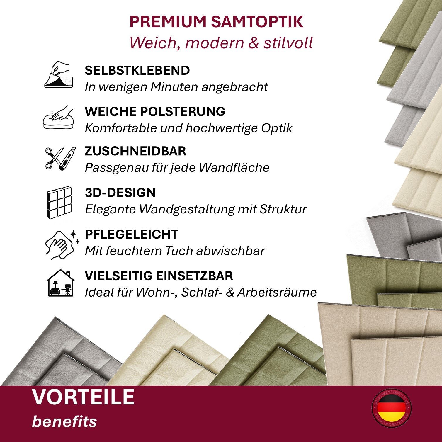 HOOZ 3D Wandpaneel Selbstklebende 3D Wandpaneele mit Samtoberfläche 69x277cm zuschneidbar, BxL: 69x277 cm, 1.91 qm, (Einzelartikel, 1-tlg., Einzelpaneel) Edle Samtoptik, gepolsterte 3D-Wandverkleidung, XXL-Format 69 x 277 cm