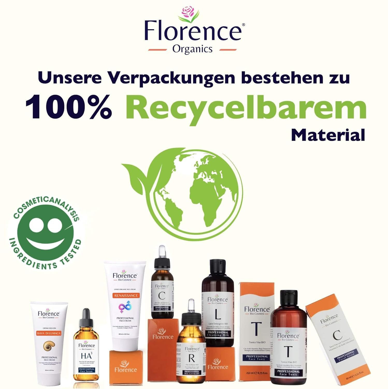 Florence Organics Gesichtsserum Bio Hyaluron Serum 60 ml – Mit Vitamin C, Vitamin E & Hyaluronsäure Ideal als Augenkonturcreme, Dermaroller, vegane Anti-Aging Pflege